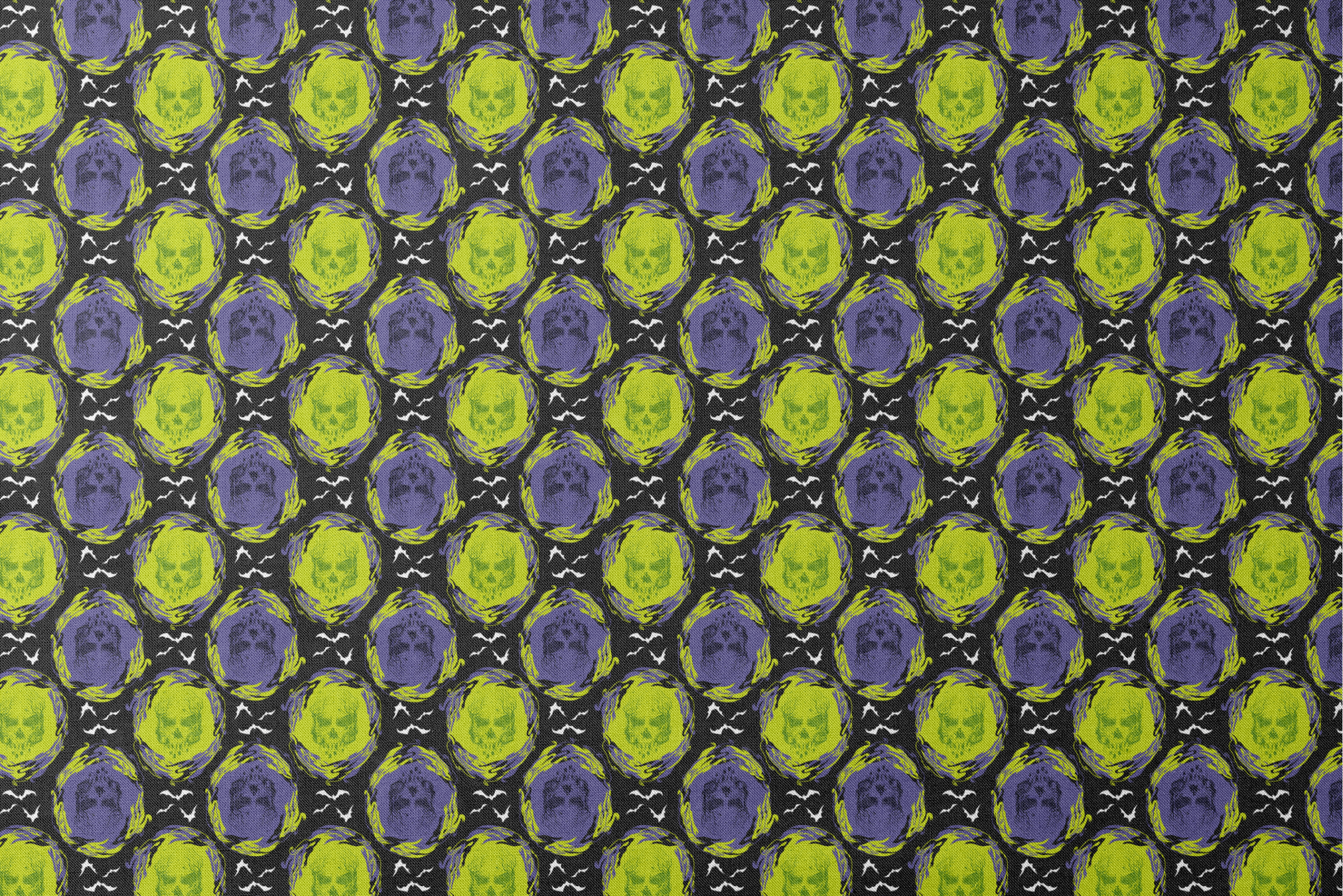 Repeating pattern of neon green and purple skulls with swirling effects on black background with white bats designs flat mockup