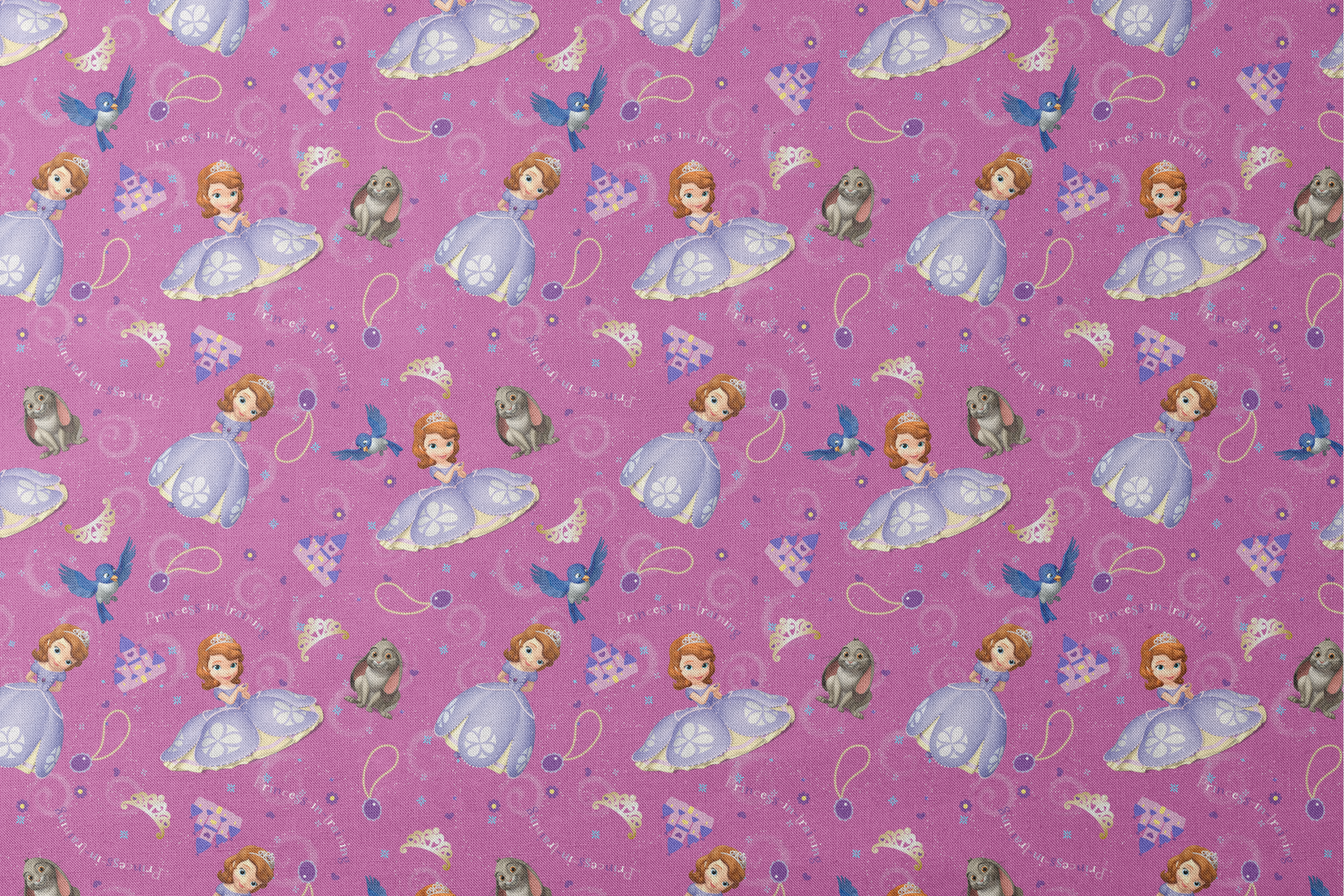 Princess Sofia pattern with purple background, crowns, castles, rabbits, and blue birds scattered among swirling designs designs flat mockup