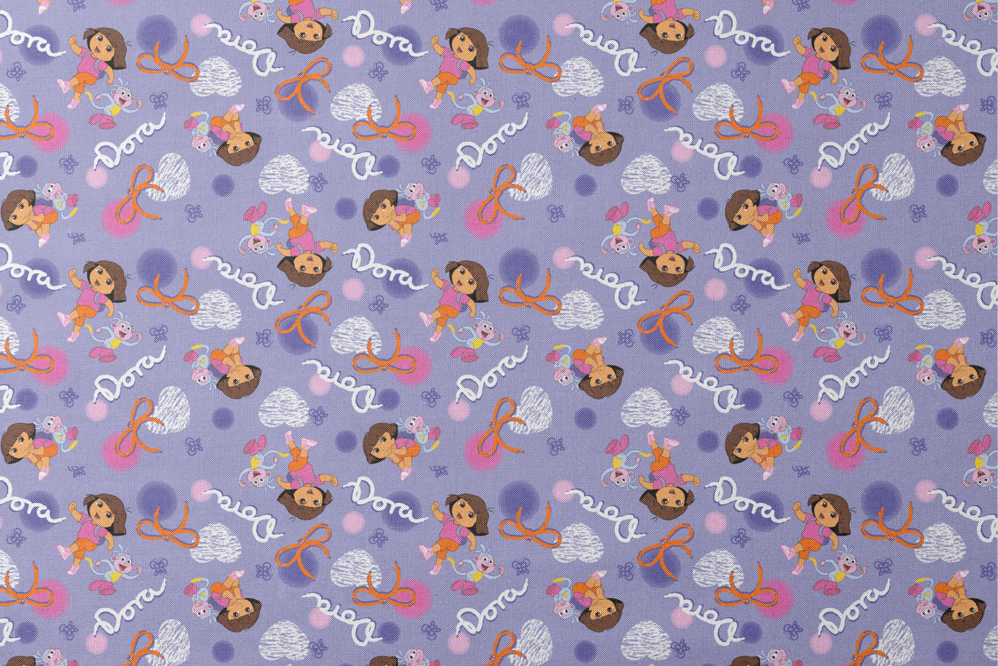 Cartoon pattern featuring Dora the Explorer, Boots the monkey, and other characters on purple background with bows and clouds. designs flat mockup