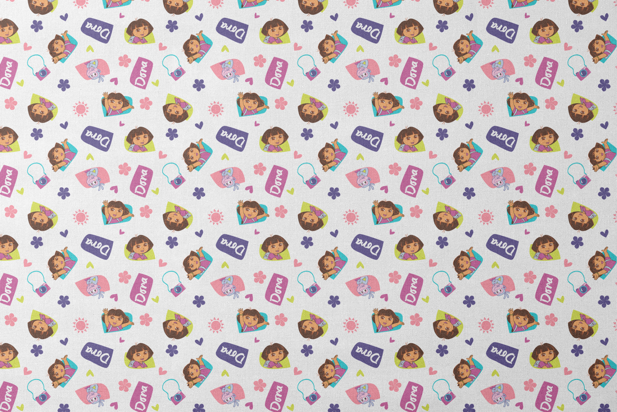Cartoon pattern featuring Dora the Explorer characters, purple logos, pink hearts, and flowers on white background. designs flat mockup