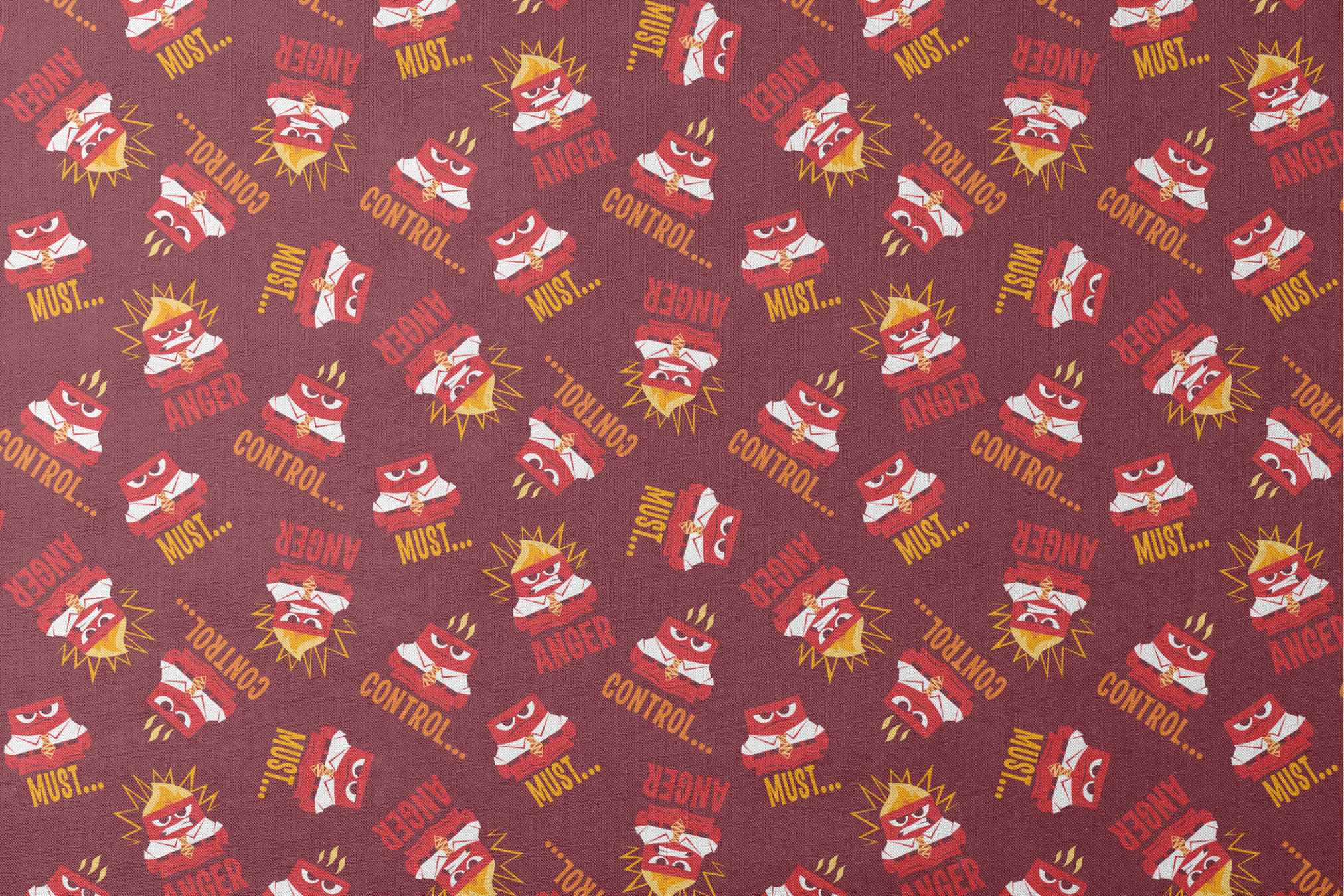 Red background pattern with Anger from Inside Out, explosions, and words "MUST... CONTROL... ANGER designs flat mockup