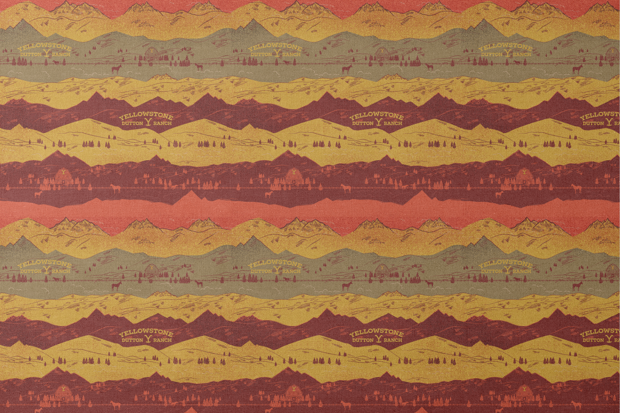 Layered mountain landscape in red, gold, and brown with "Yellowstone Cotton Ranch" text and silhouetted trees and wildlife. designs flat mockup