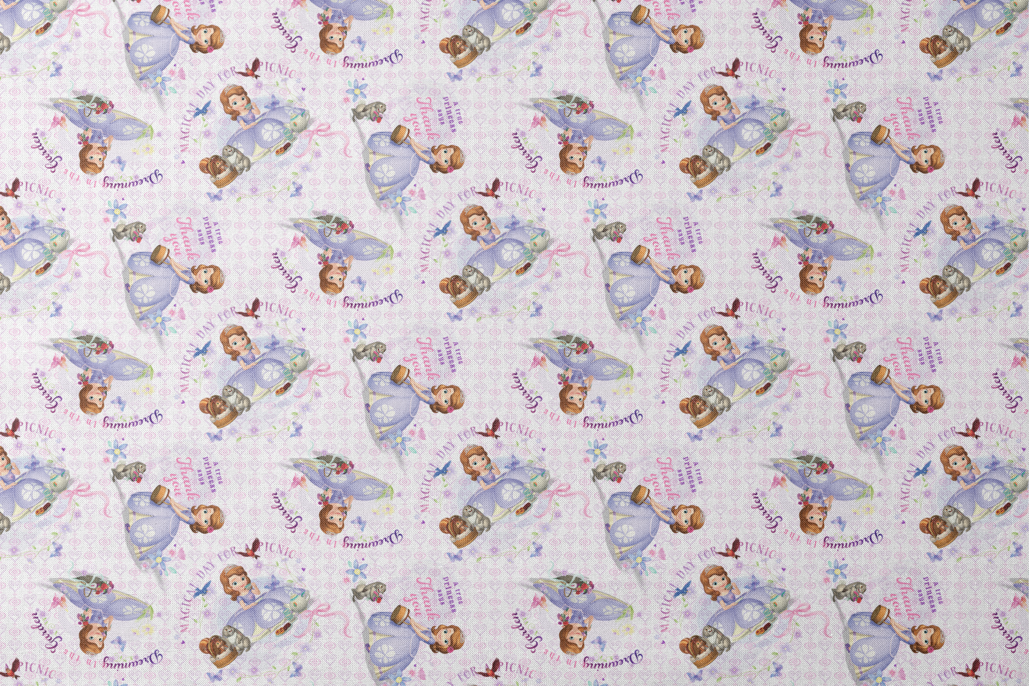 Disney Sofia the First Princess-themed pattern with characters in purple dresses, crowns, and the text "Beautiful Princess" on light purple background designs flat mockup