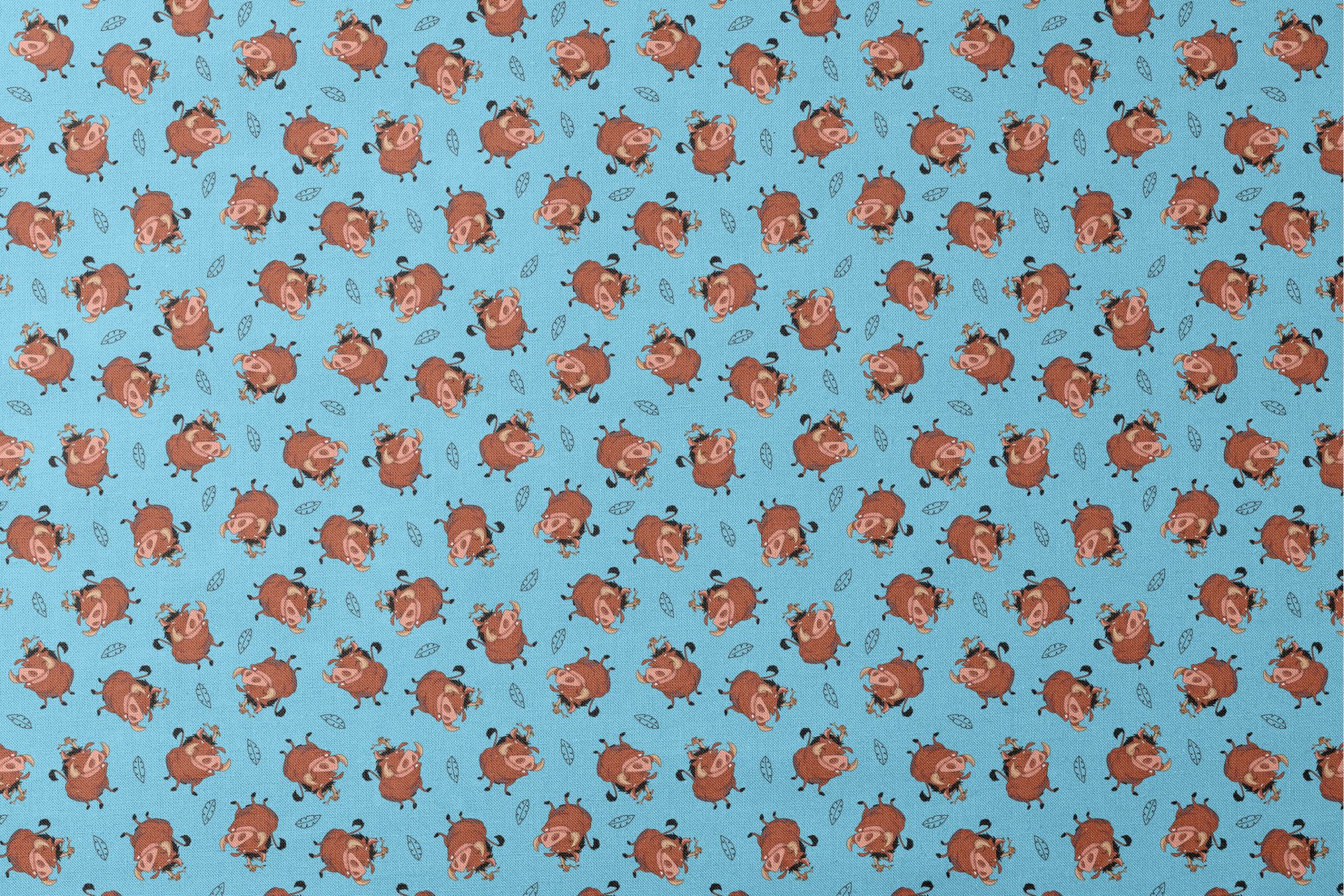 Cheerful Lion King characters with flower crowns dancing on light blue background with leaf patterns designs flat mockup