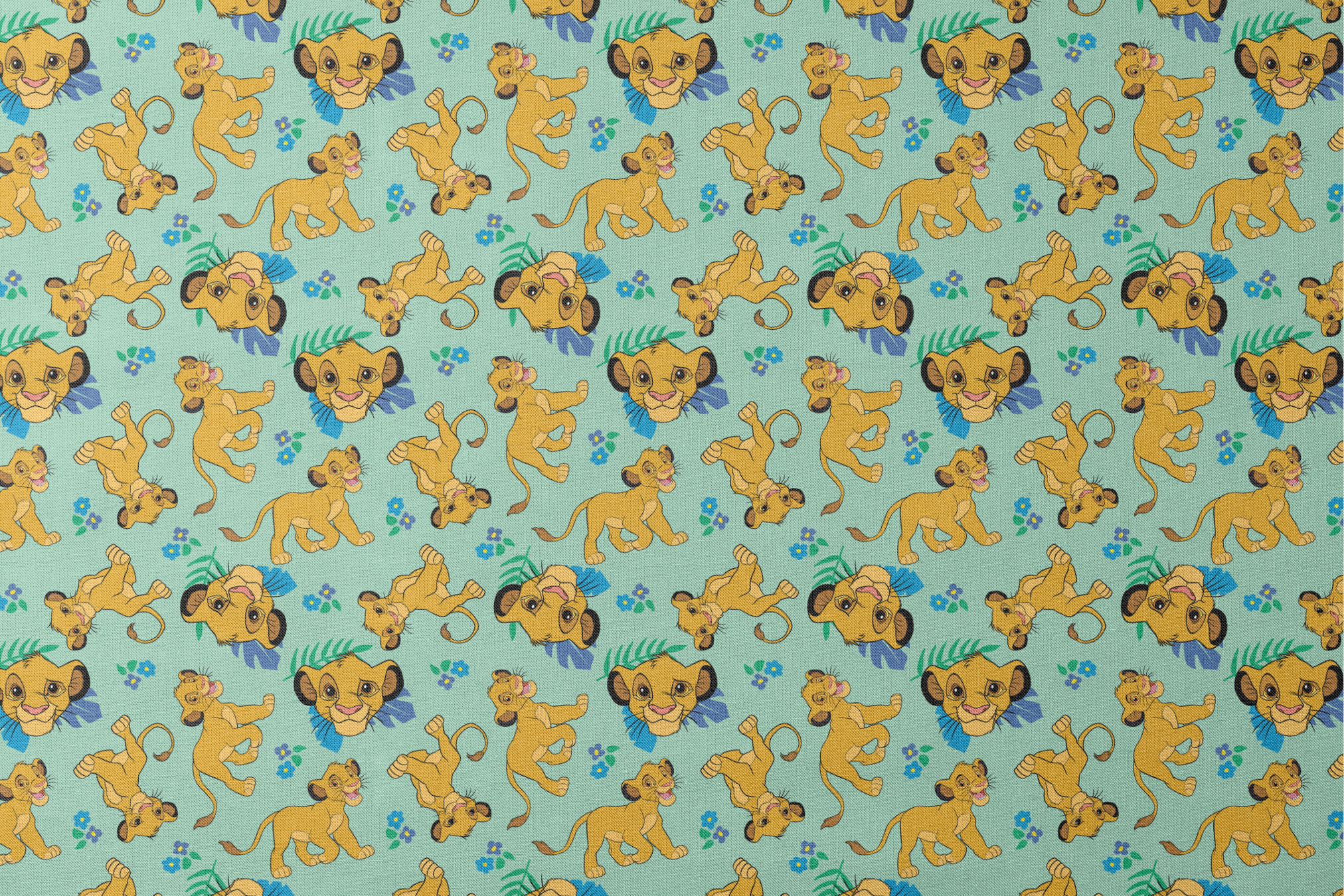 Cartoon lion cubs playing on mint green background with blue flowers and green leaves pattern designs flat mockup