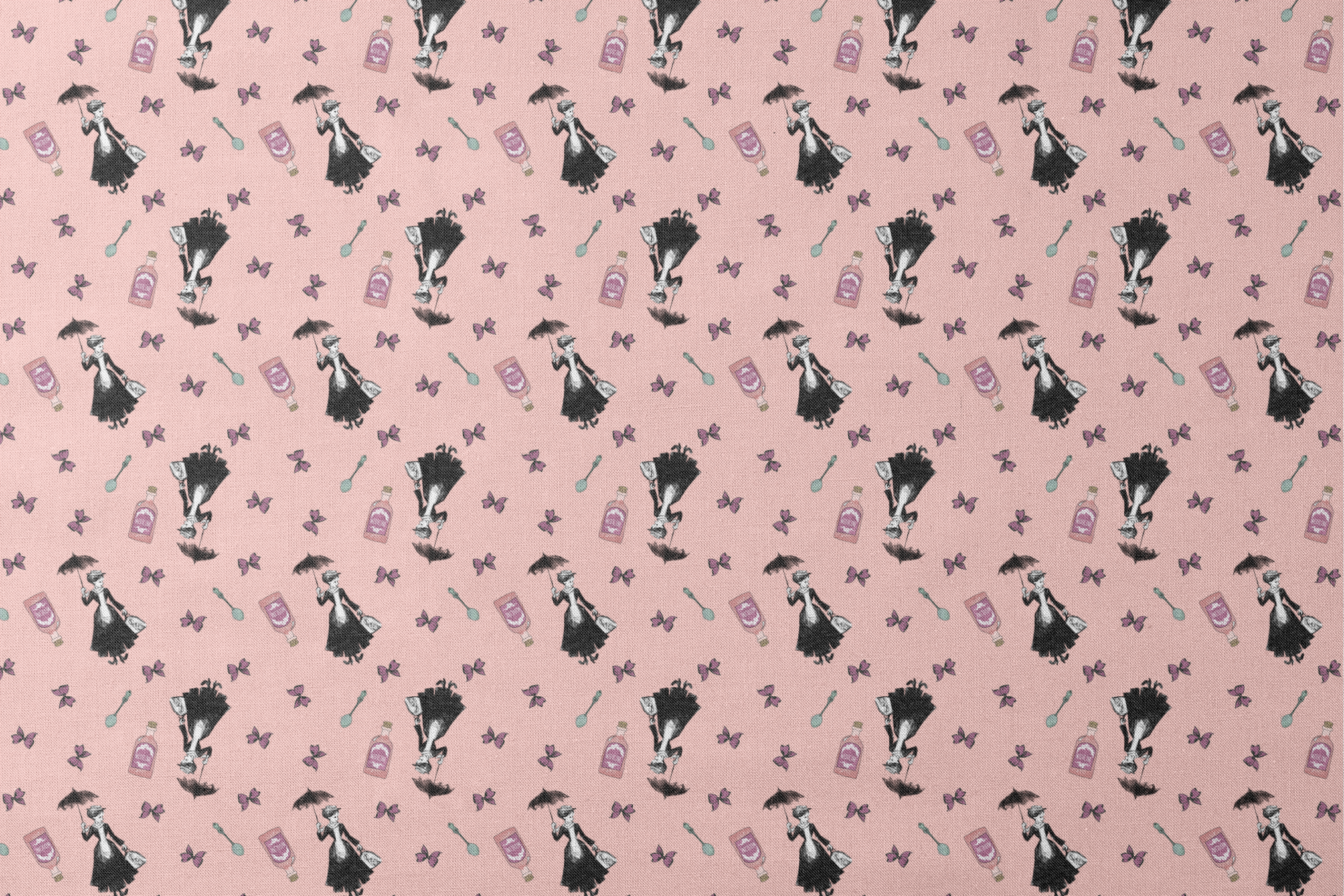 Whimsical illustration on pink background featuring Mary Poppins, purple bottles, and floating bows designs flat mockup