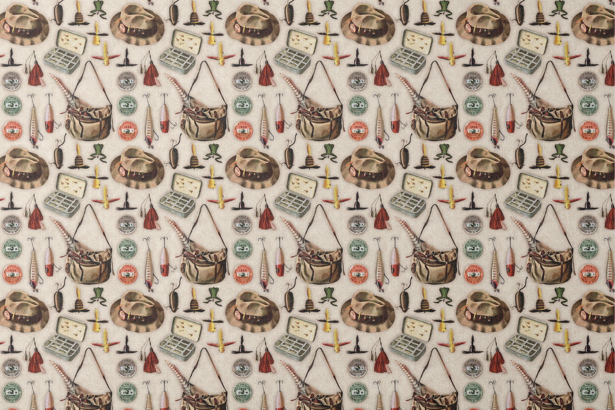 Vintage fishing gear illustration with tackle box, hat, lures, reels, and canvas bag on beige background designs flat mockup