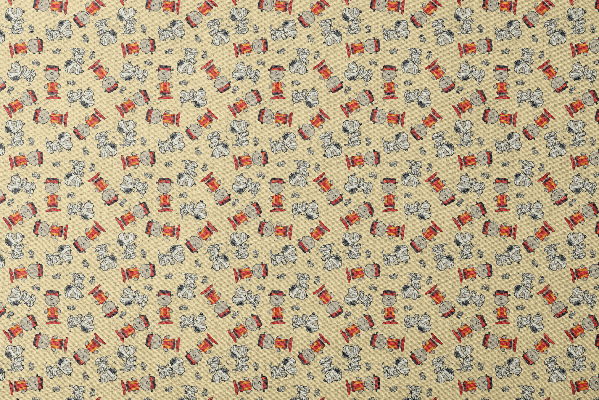 Peanuts characters pattern with Charlie Brown and Snoopy in halloween attire on beige background designs flat mockup
