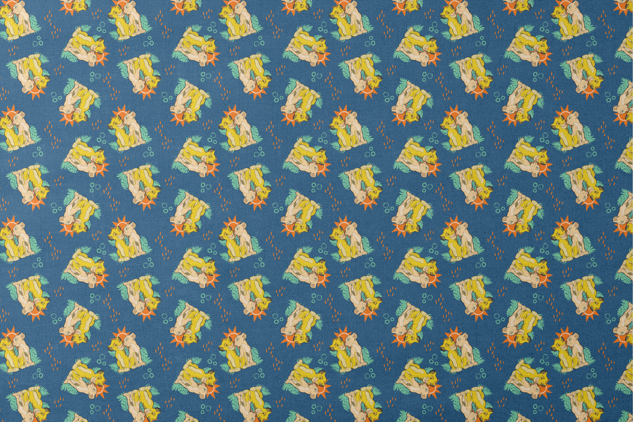 Yellow cartoon lions and pale yellow animals on teal background with tropical leaves, orange sun shapes and bubbles. designs flat mockup