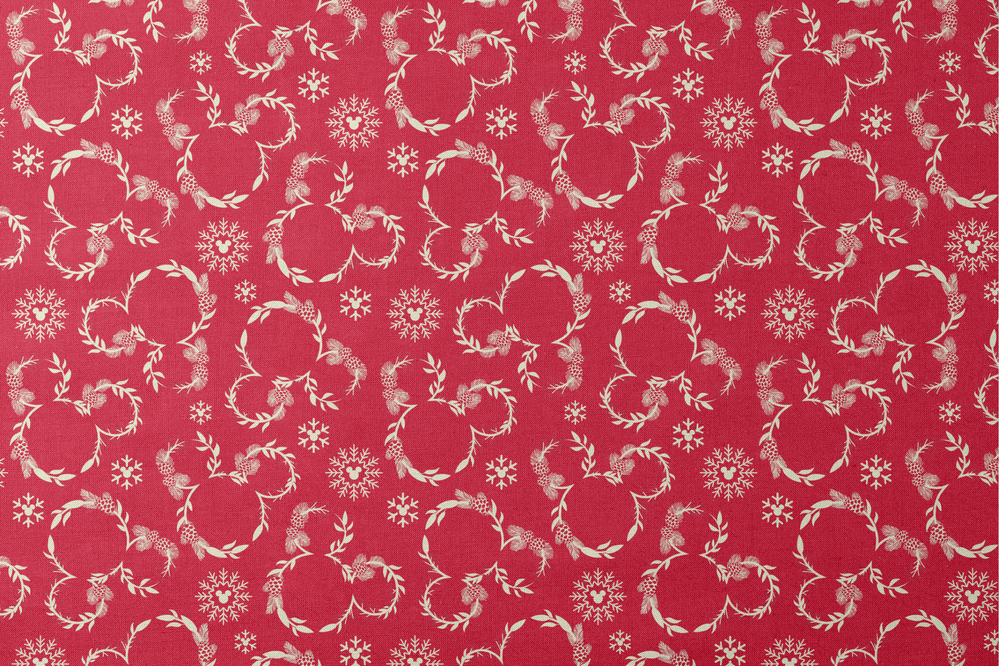 Festive red background with white floral wreaths, pine cones, and snowflake patterns designs flat mockup