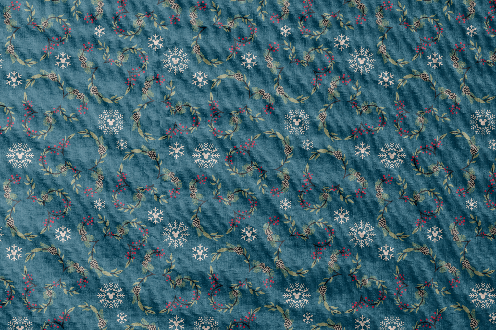 Holiday pattern with circular wreaths, white snowflakes, and botanical elements on teal background designs flat mockup