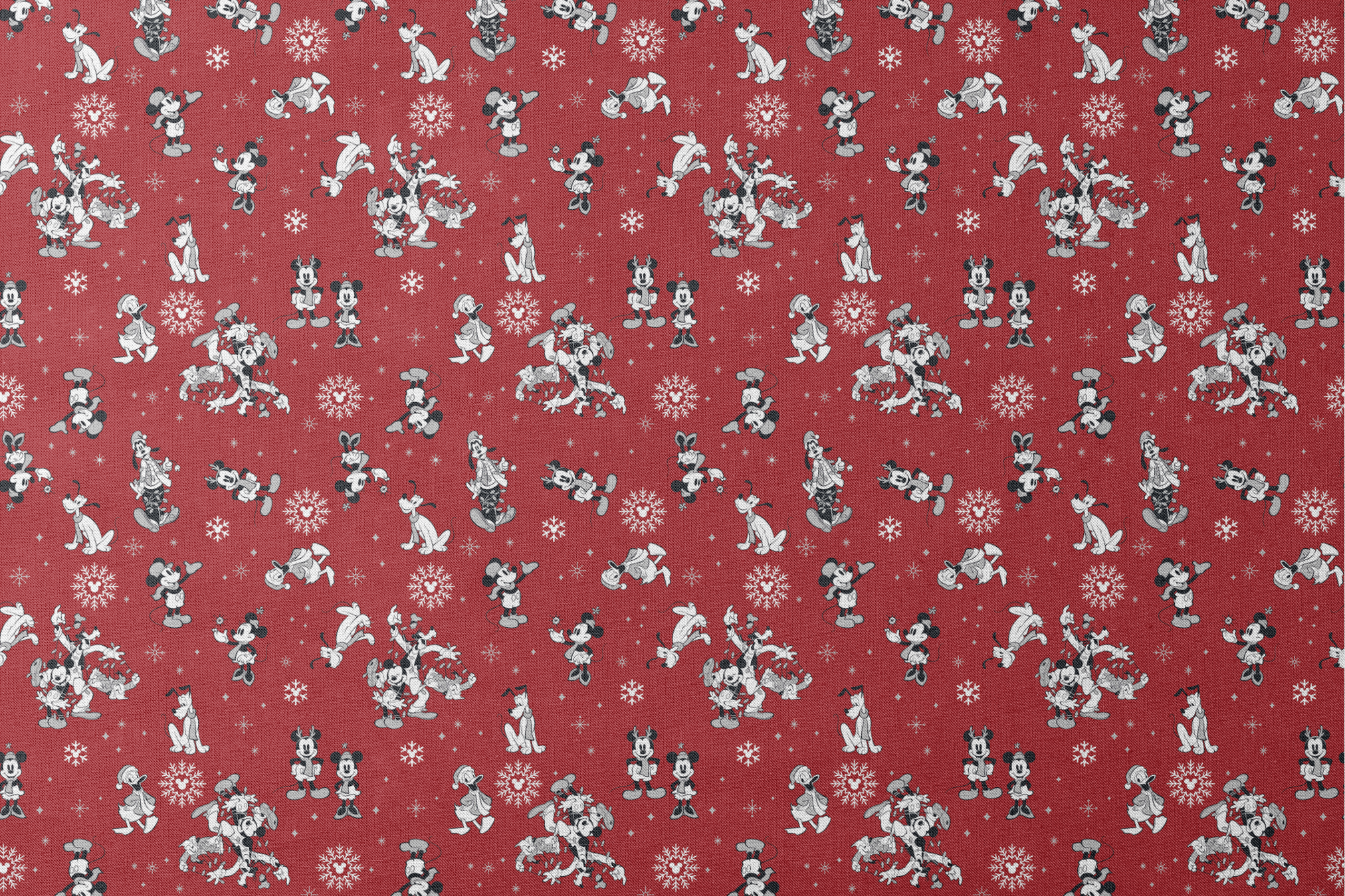 Christmas pattern with Disney characters and snowflakes on red background designs flat mockup