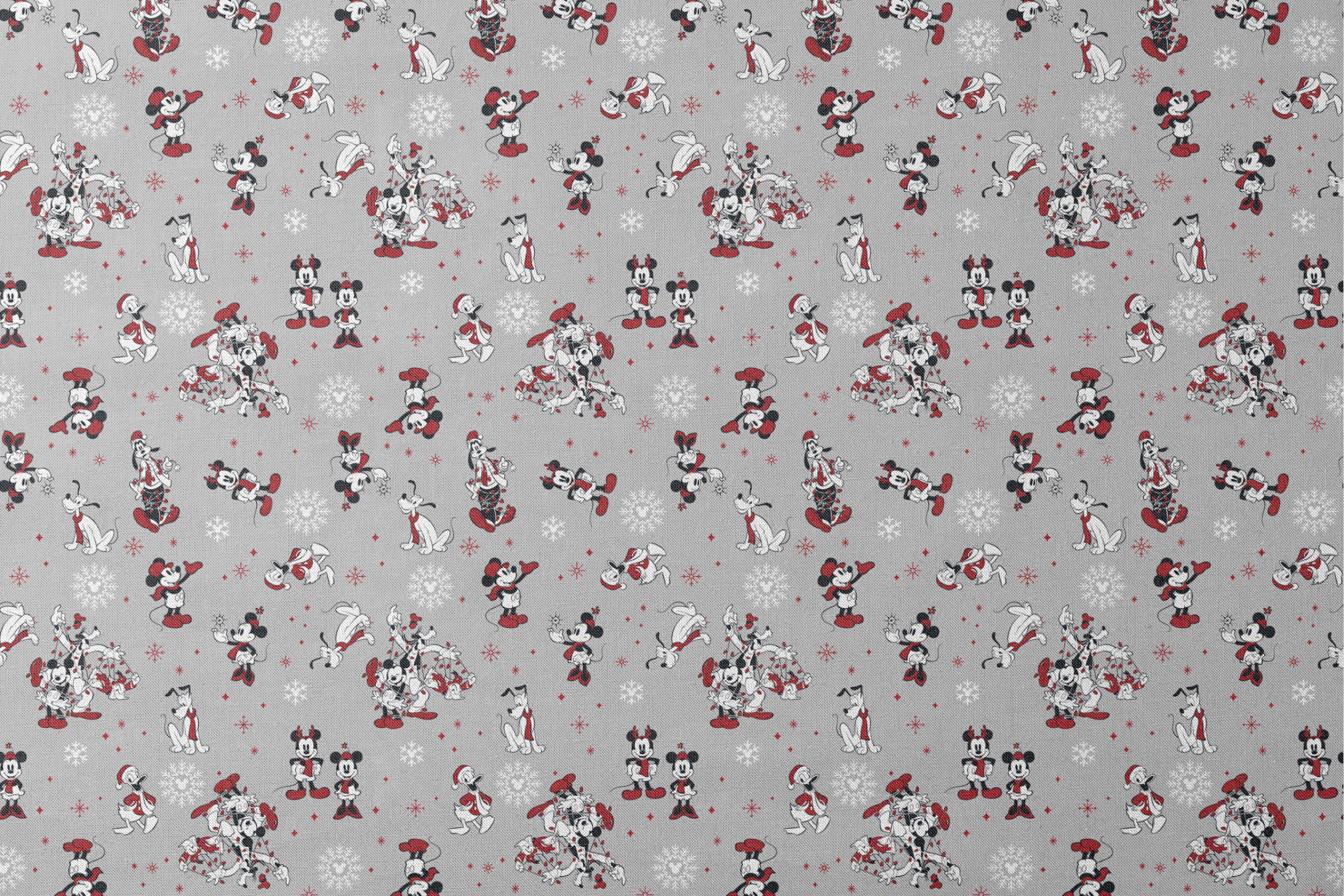 Mickey and Minnie Mouse characters in winter attire with snowflakes on gray background designs flat mockup