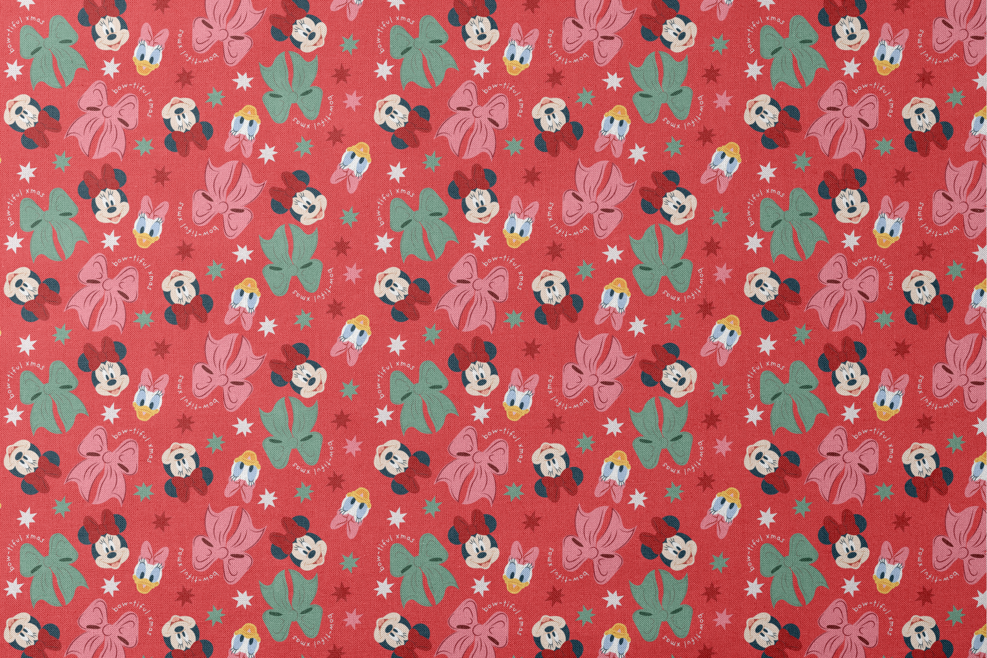 Disney character pattern with Minnie Mouse, Mickey Mouse and Donald Duck on red background with bows and stars designs flat mockup