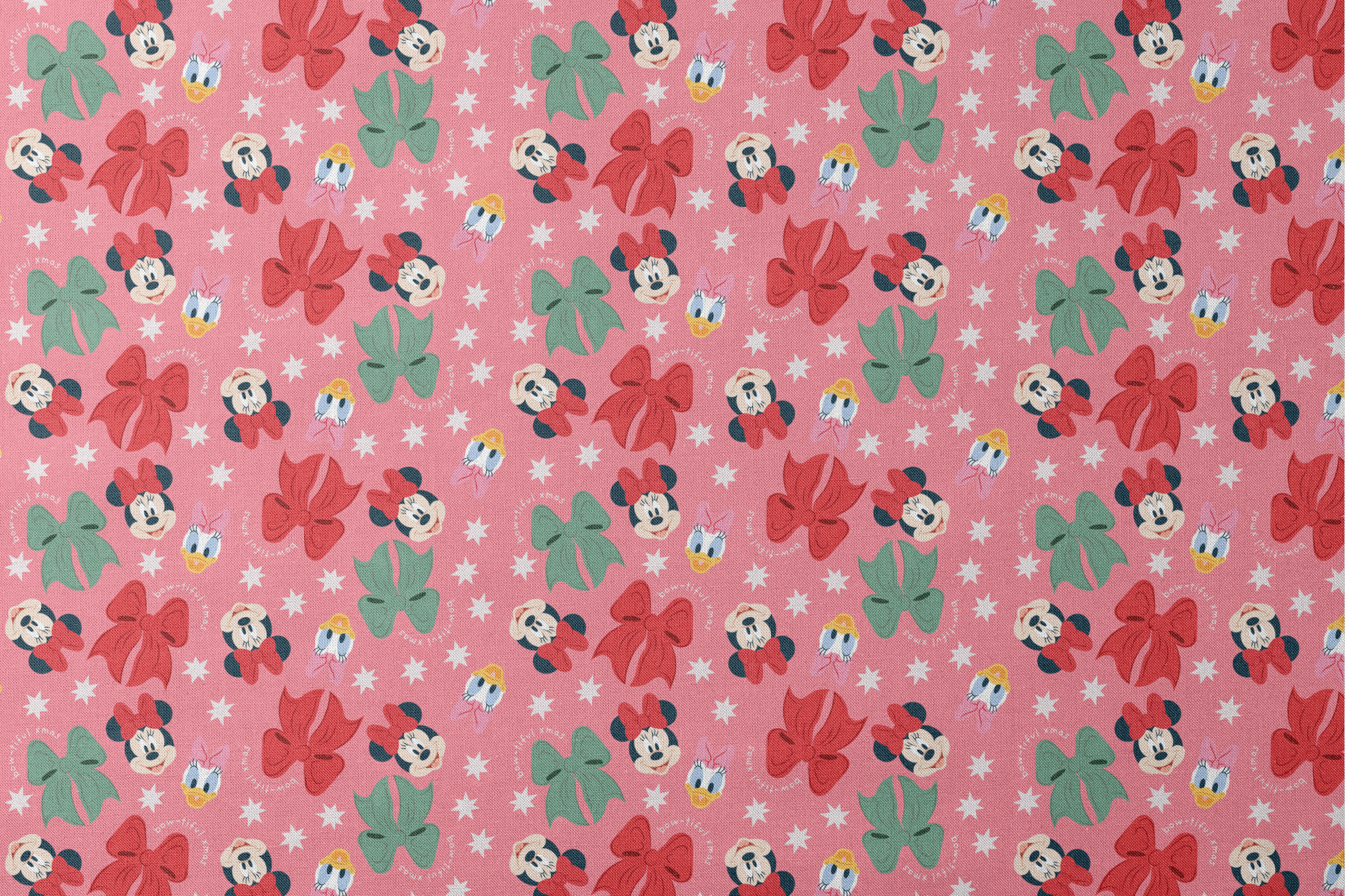 Disney character pattern with Mickey and Minnie Mouse, Donald Duck, bows in red and green on pink background with white stars designs flat mockup