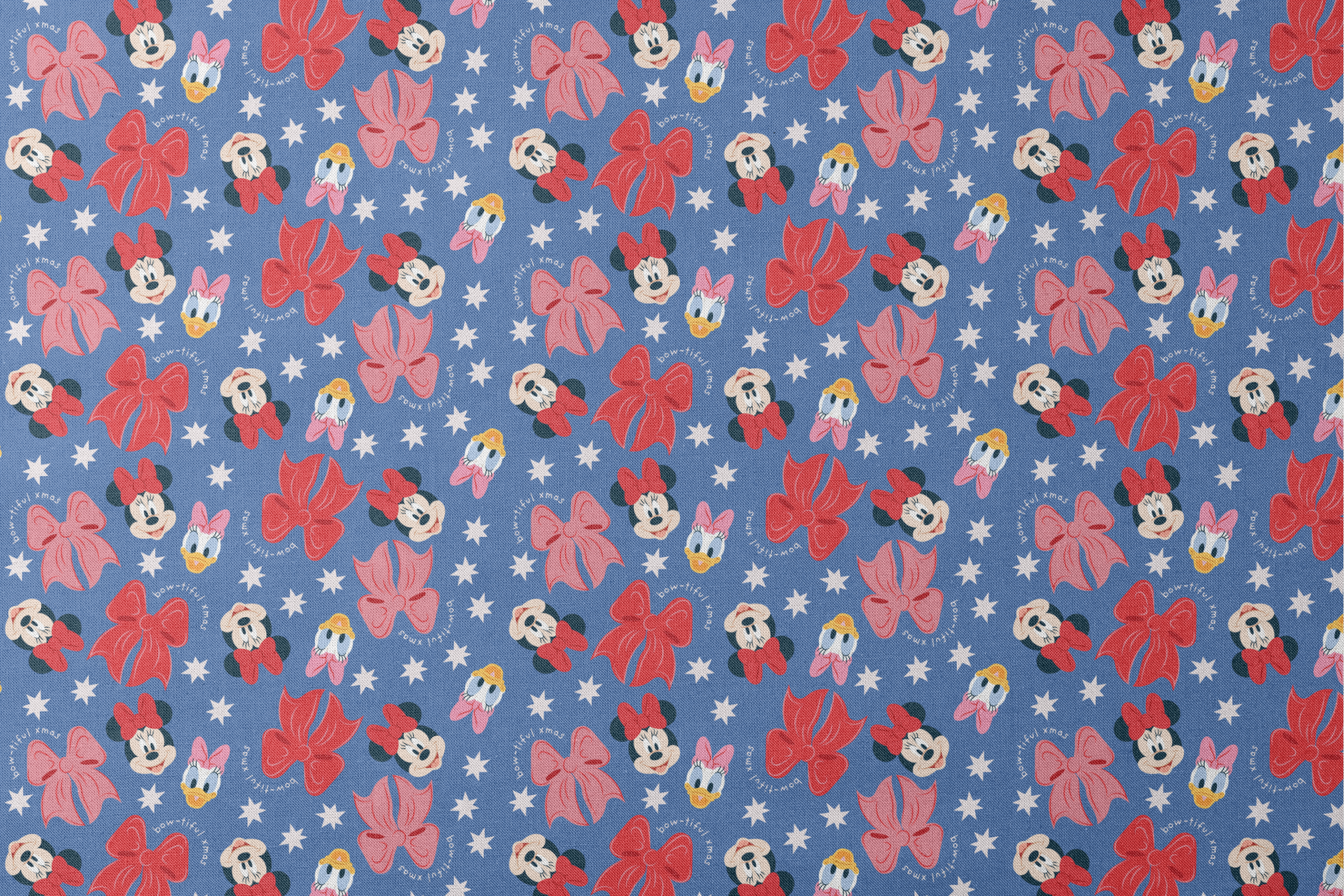 Disney character pattern with Minnie Mouse, Daisy Duck, and pink/red bows on blue background with white stars designs flat mockup