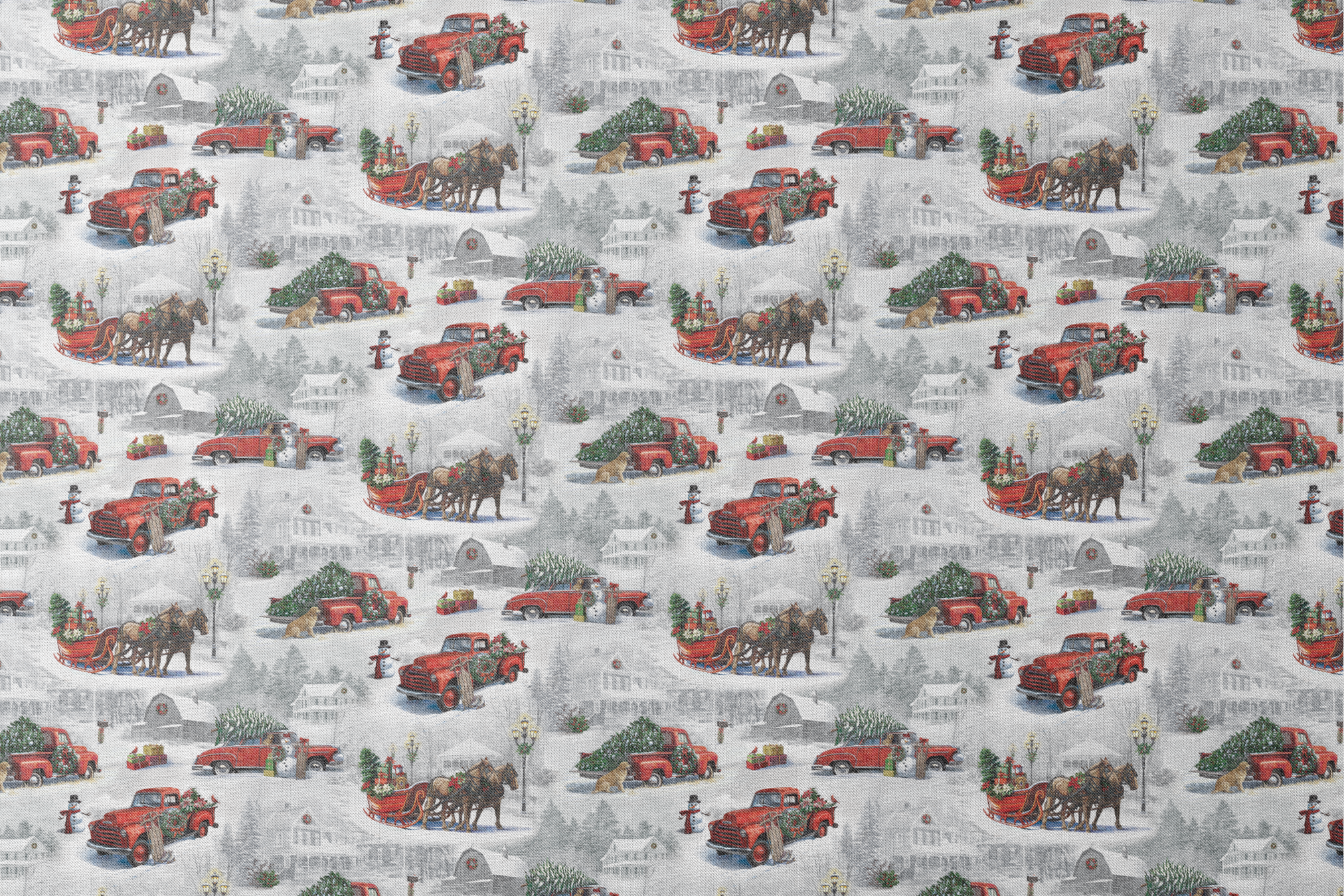 Christmas pattern with vintage red trucks, horse-drawn sleighs, and pine trees in snowy winter landscape designs flat mockup