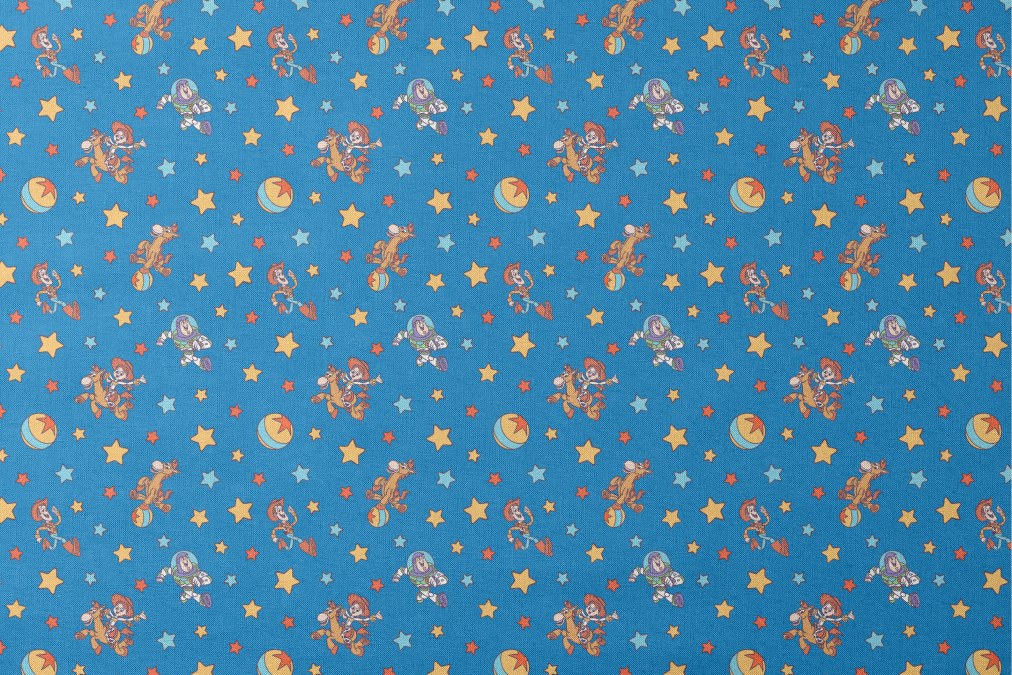Toy Story characters floating in space pattern with stars on blue background designs flat mockup