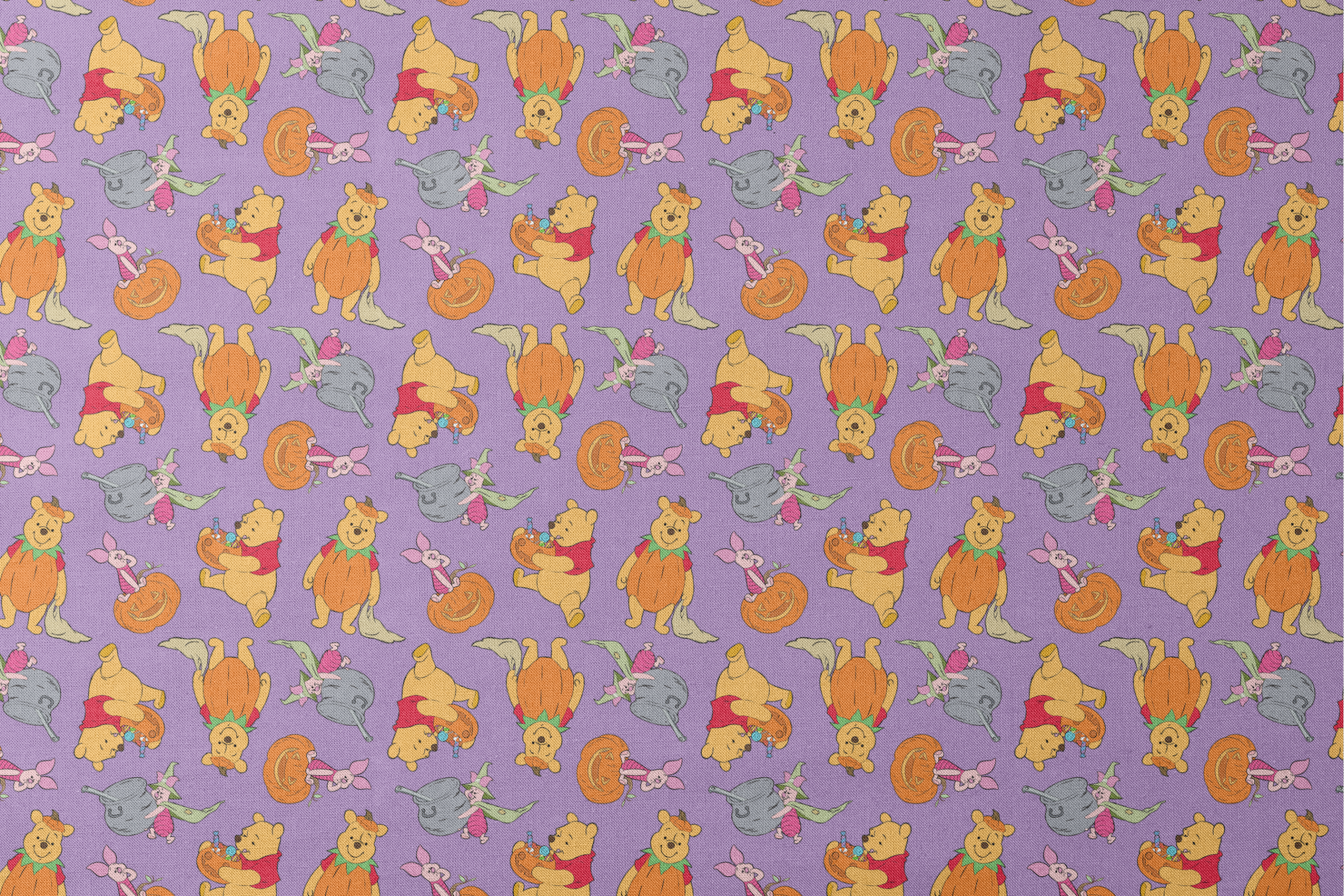 Whimsical Winnie the Pooh pattern with Piglet and Eeyore on purple background with pumpkins designs flat mockup