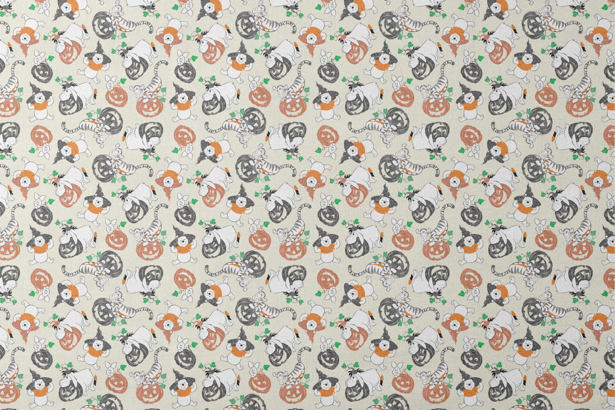 Whimsical Halloween pattern with cartoon ghosts, pumpkins, cats, and bears on cream background designs flat mockup
