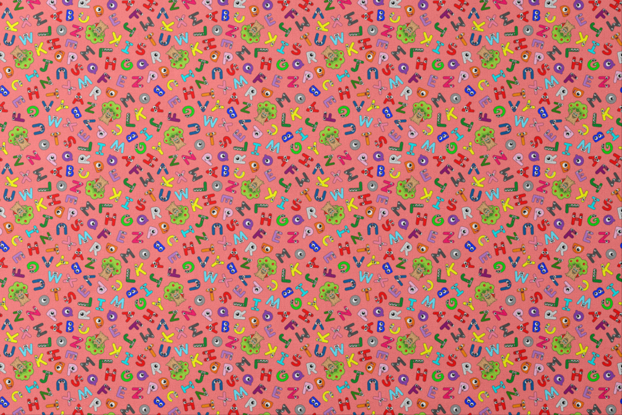 Colorful alphabet pattern with cartoon letter characters on bright pink background designs flat mockup