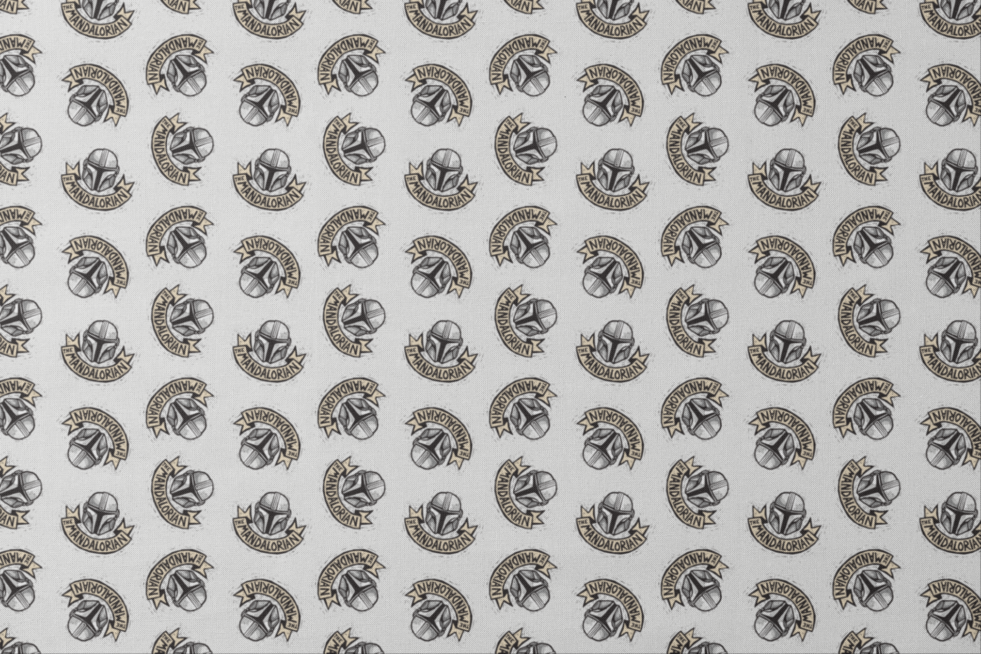 Star Wars Mandalorian helmet logo pattern with banners in black and gold on light background designs flat mockup