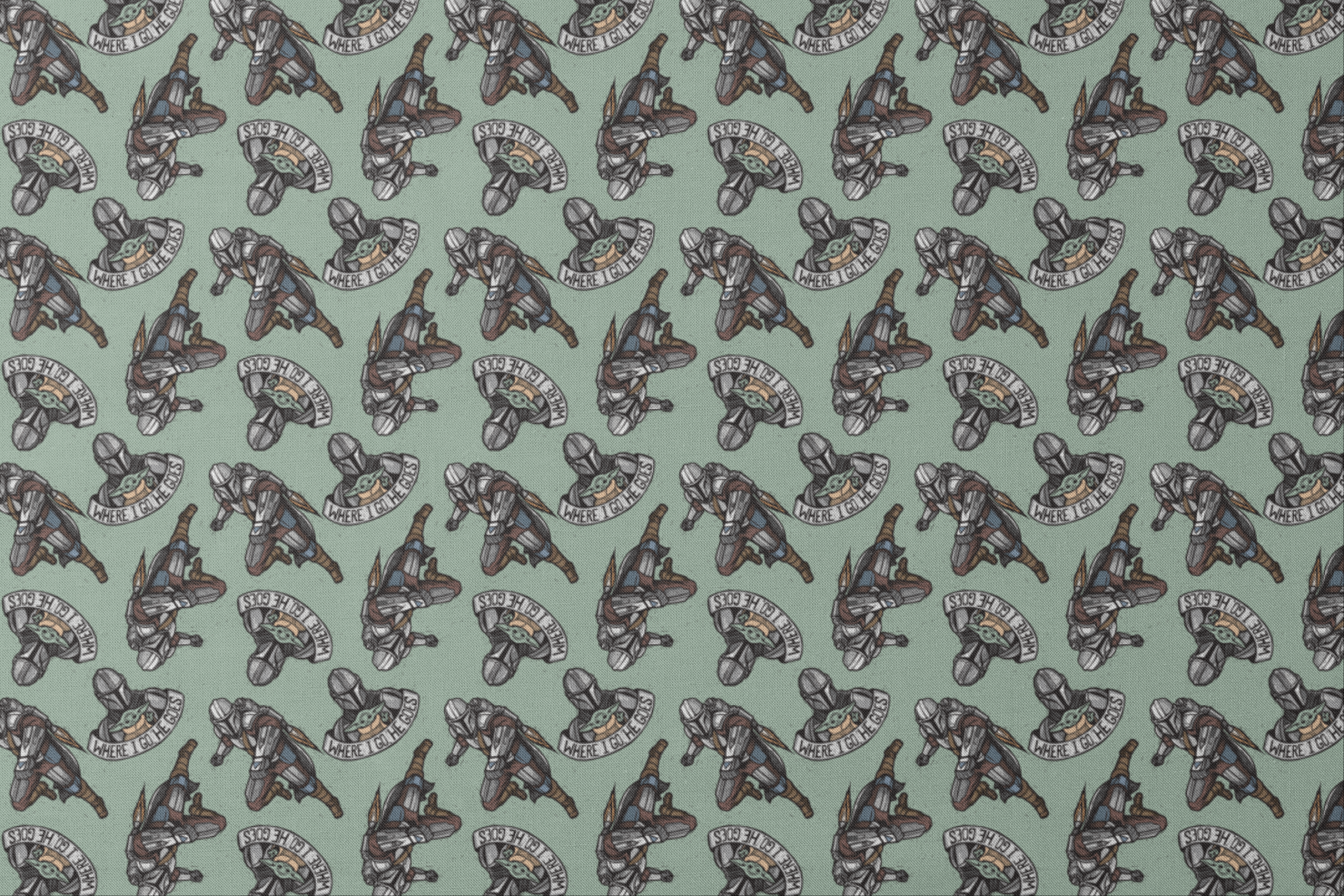 Star Wars-themed pattern featuring Mandalorian helmets with "Where I go, the child goes" banners on mint green background. designs flat mockup