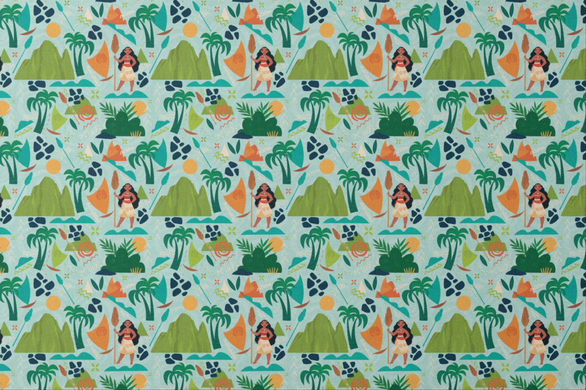 Tropical pattern with palm trees, mountains, sailboats and Polynesian-inspired motifs on mint green designs flat mockup