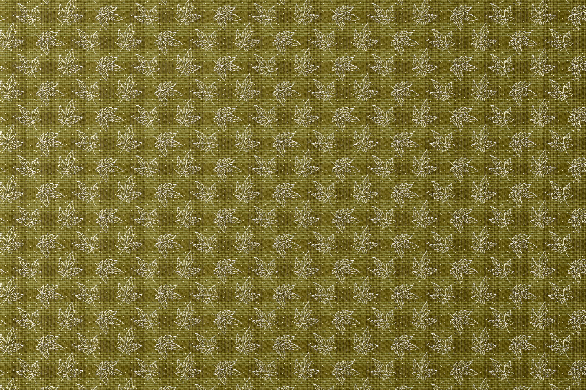 Olive green plaid pattern with scattered white outline maple leaves and small dots designs flat mockup