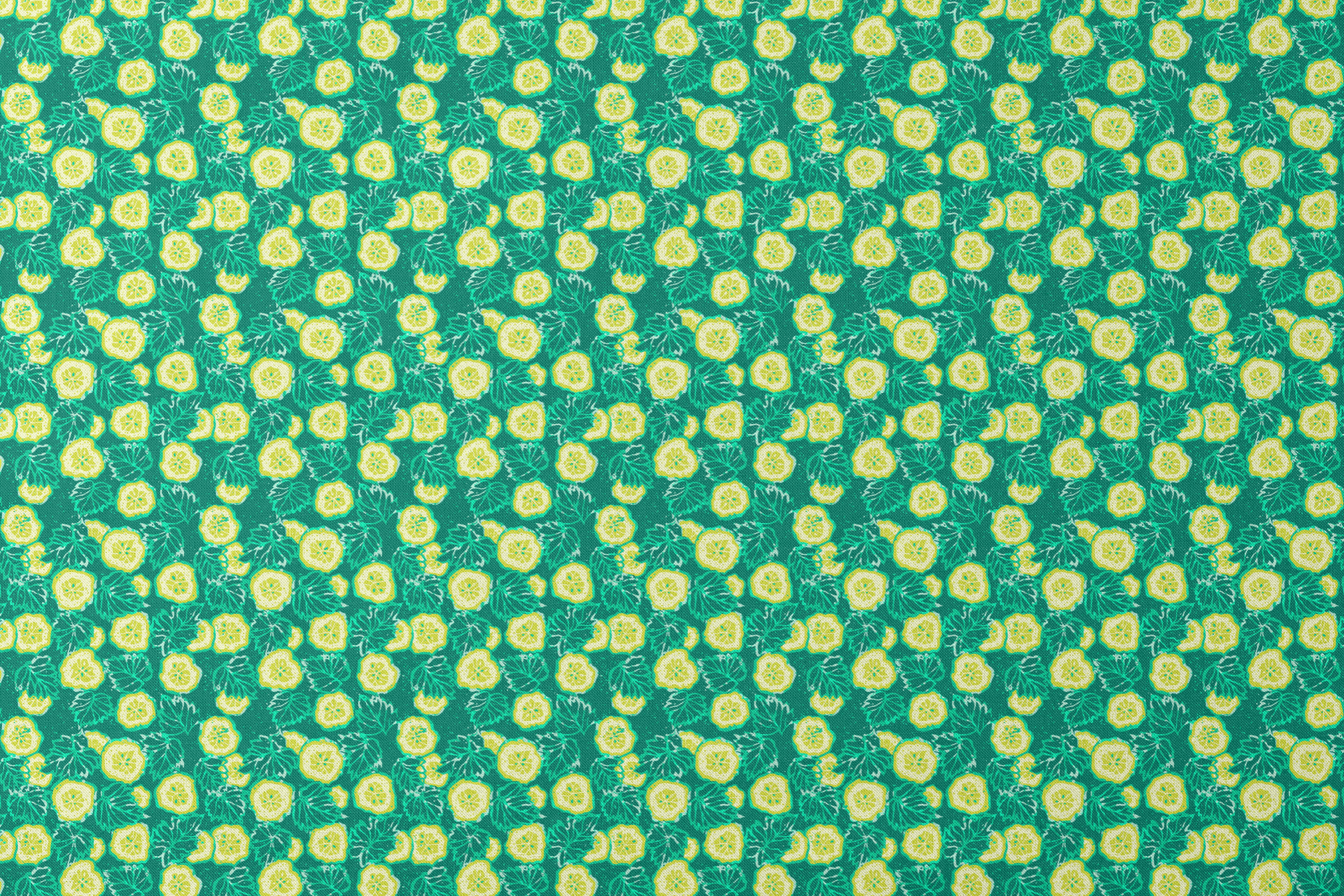 Vibrant green background with yellow cucumber slices and light green leafy patterns designs flat mockup