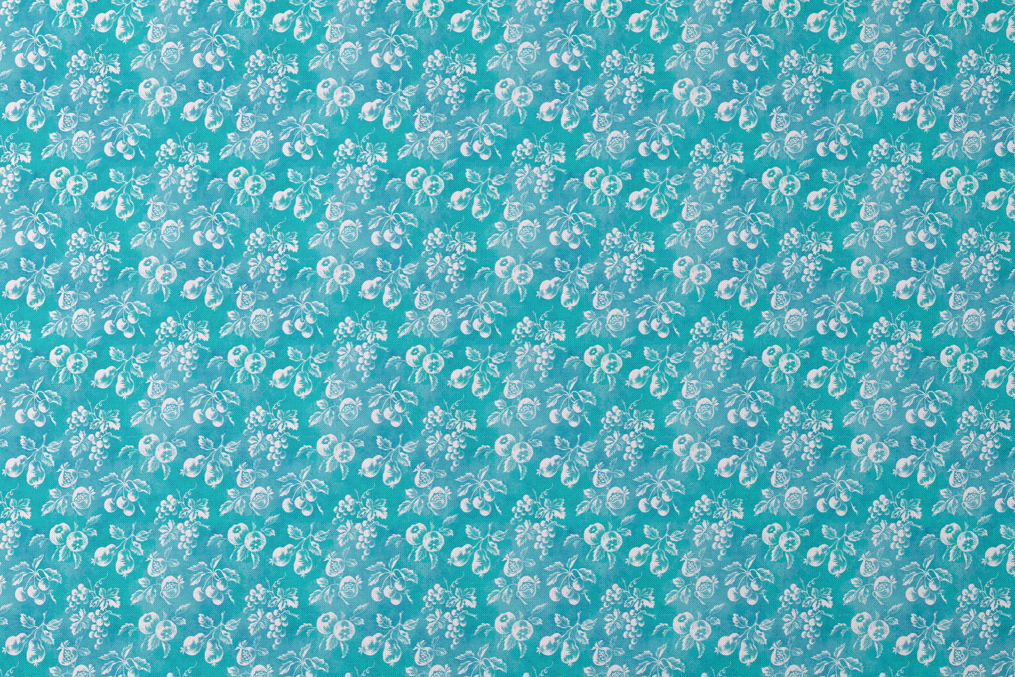 Teal background with white vintage fruit pattern featuring cherries, grapes, and pears designs flat mockup