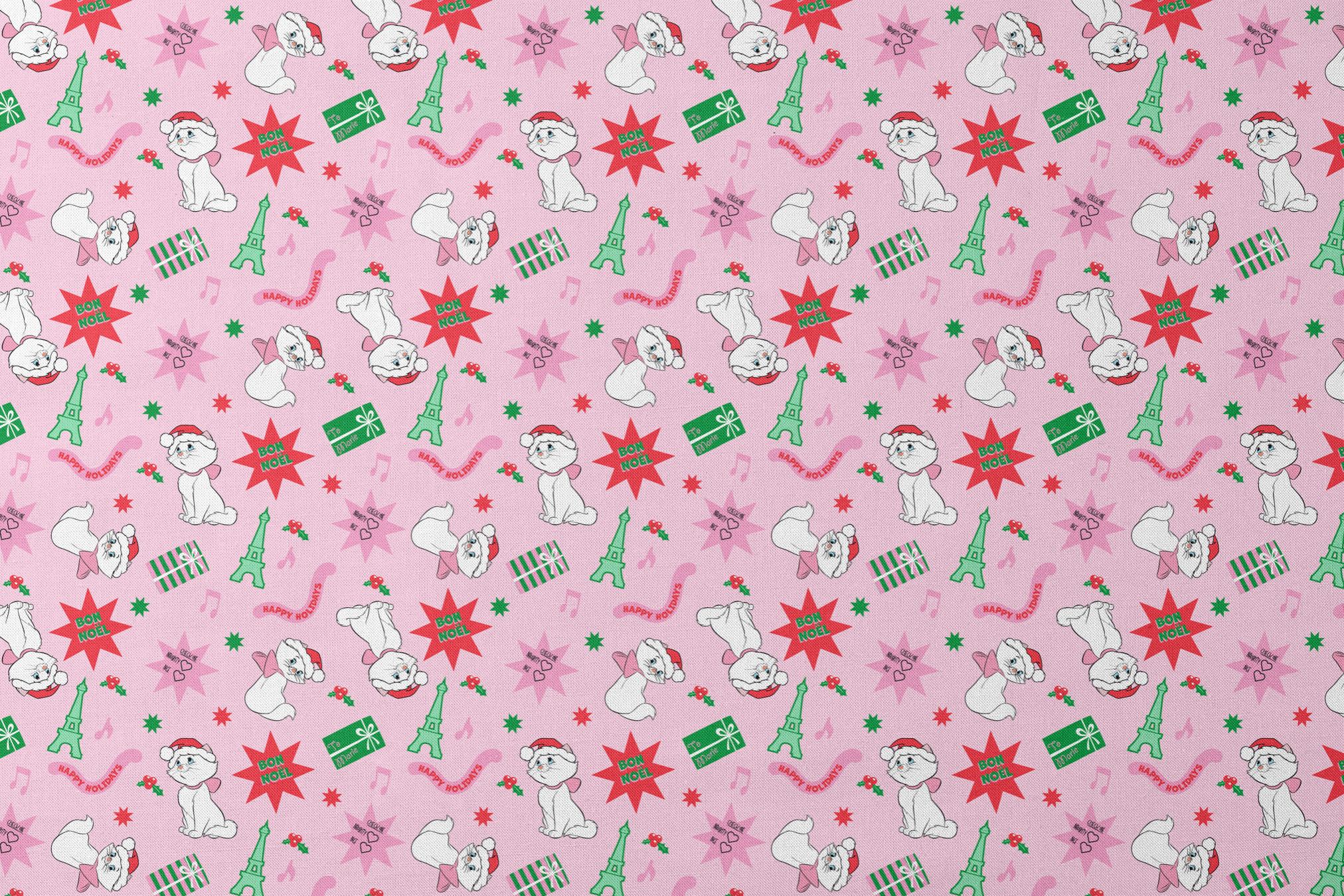Holiday pattern with Marie from The Aristocats in Santa hats, Eiffel Towers, "Noel" text, and festive stars on pink background designs flat mockup