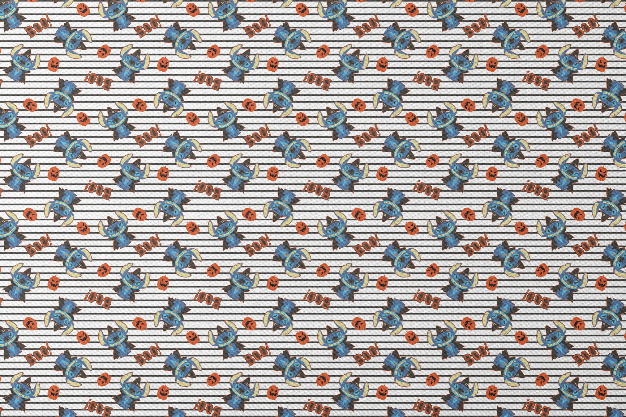 Disney's Stitch with witch hat alongside orange pumpkins on black and white striped background designs flat mockup