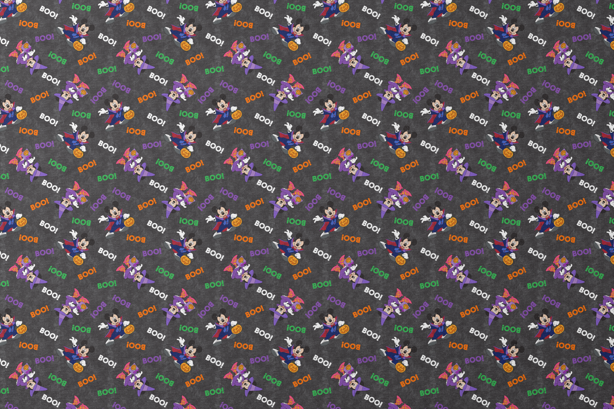 Halloween themed pattern with Disney characters in costumes, pumpkins, and colorful "BOO!" text on dark gray background. designs flat mockup