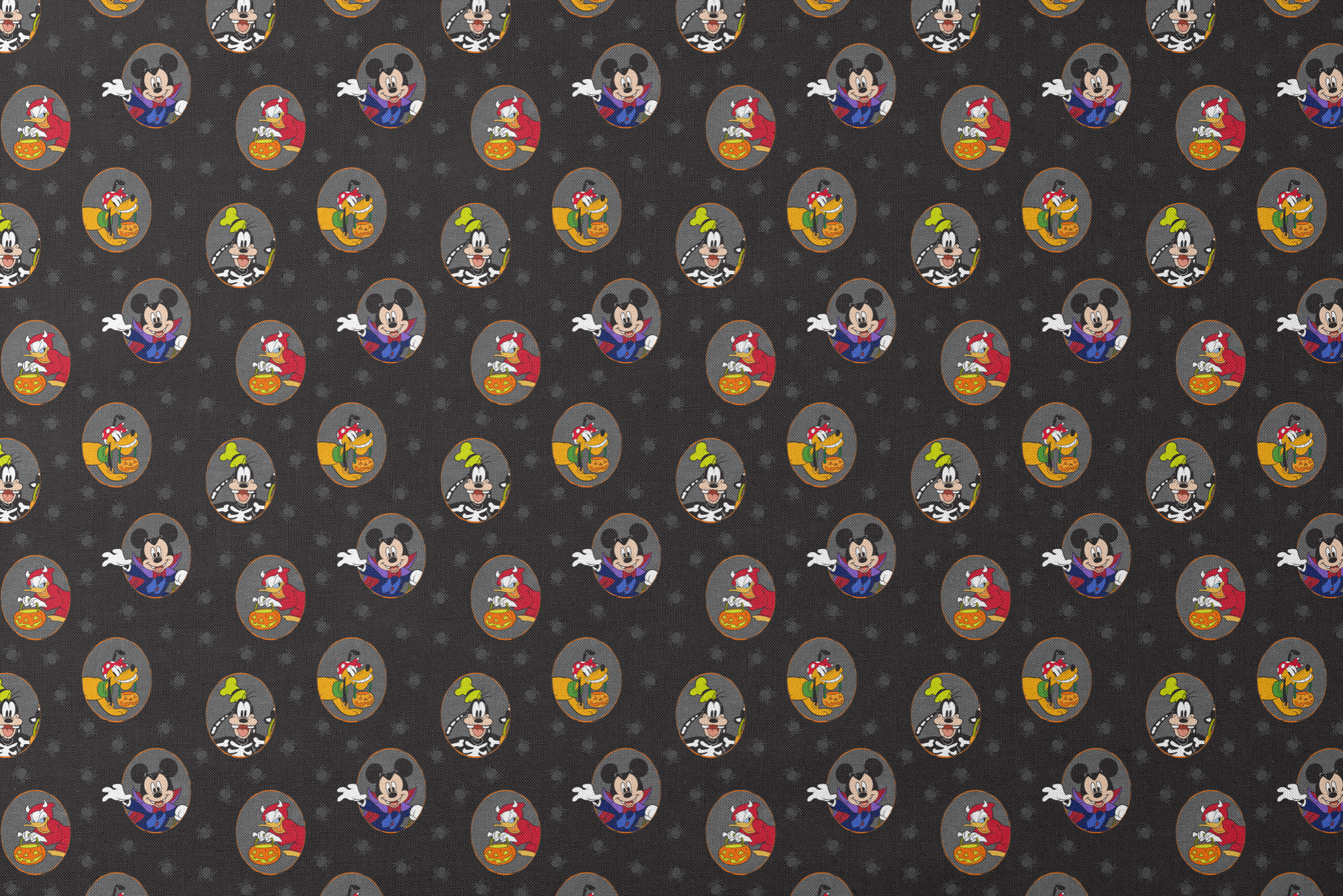 Disney characters in Halloween costumes on black background with spider pattern. Mickey as vampire, Donald with pumpkin, Pluto with candy. designs flat mockup