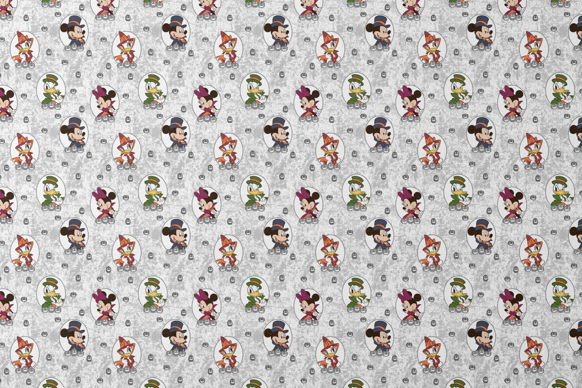 Disney Halloween pattern with Mickey in top hat, Donald in green hat, and Daisy in witch hat on gray background with pumpkins. designs flat mockup