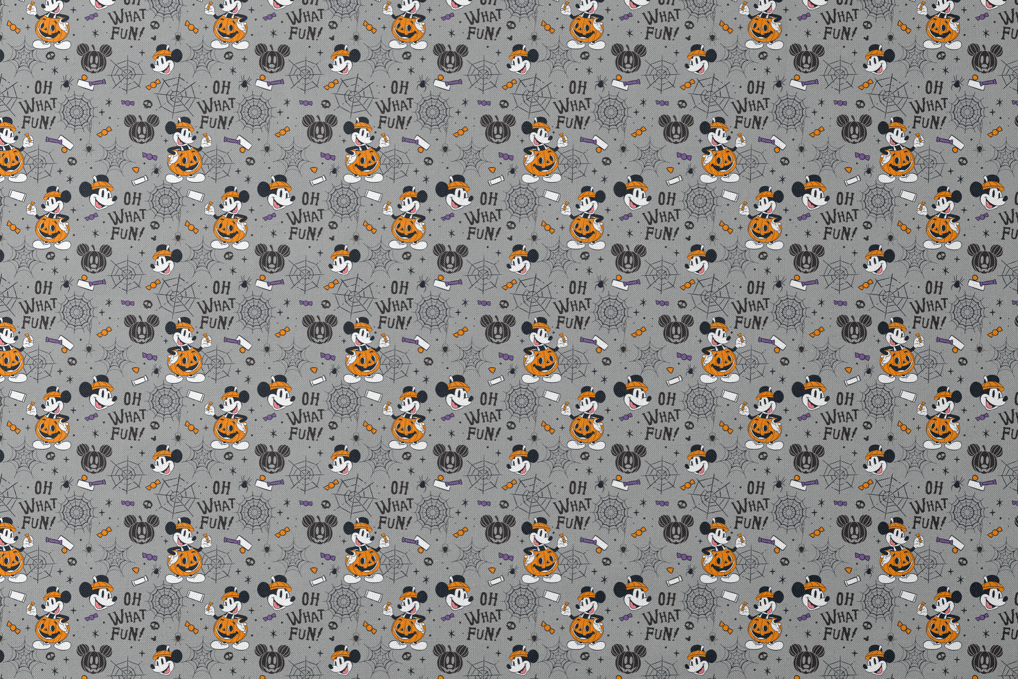 Halloween pattern with Mickey Mouse characters, pumpkins, spider webs, and "Oh What Fun!" text on gray background designs flat mockup