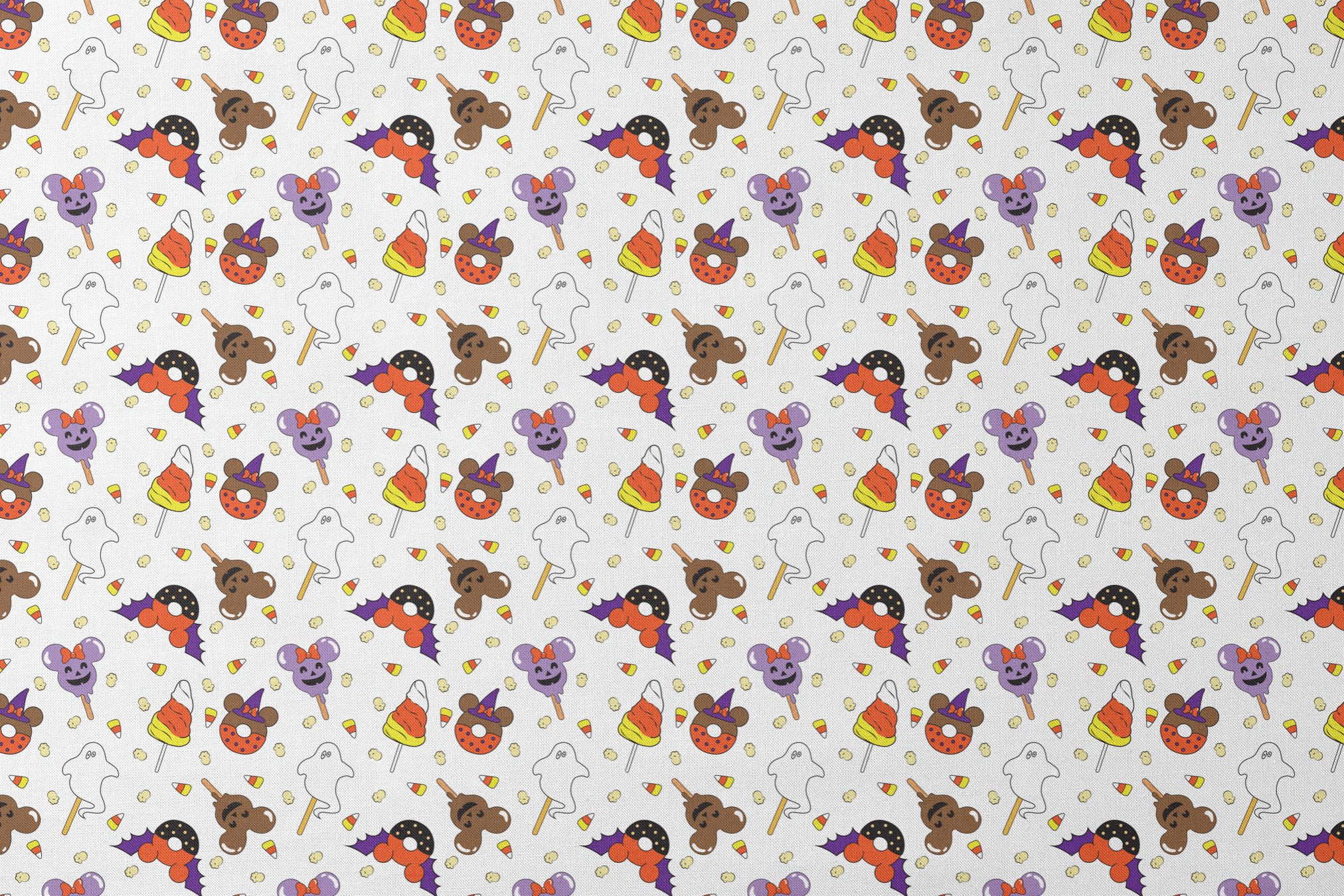 Disney Halloween themed pattern with candy lollipops, ghost, bats, and candy corn designs flat mockup