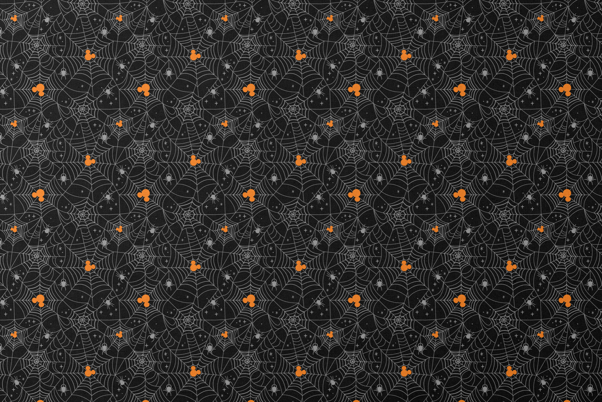 Spooky Halloween pattern with white spiderwebs, orange Mickey Mouse heads, and gray spiders on black background designs flat mockup