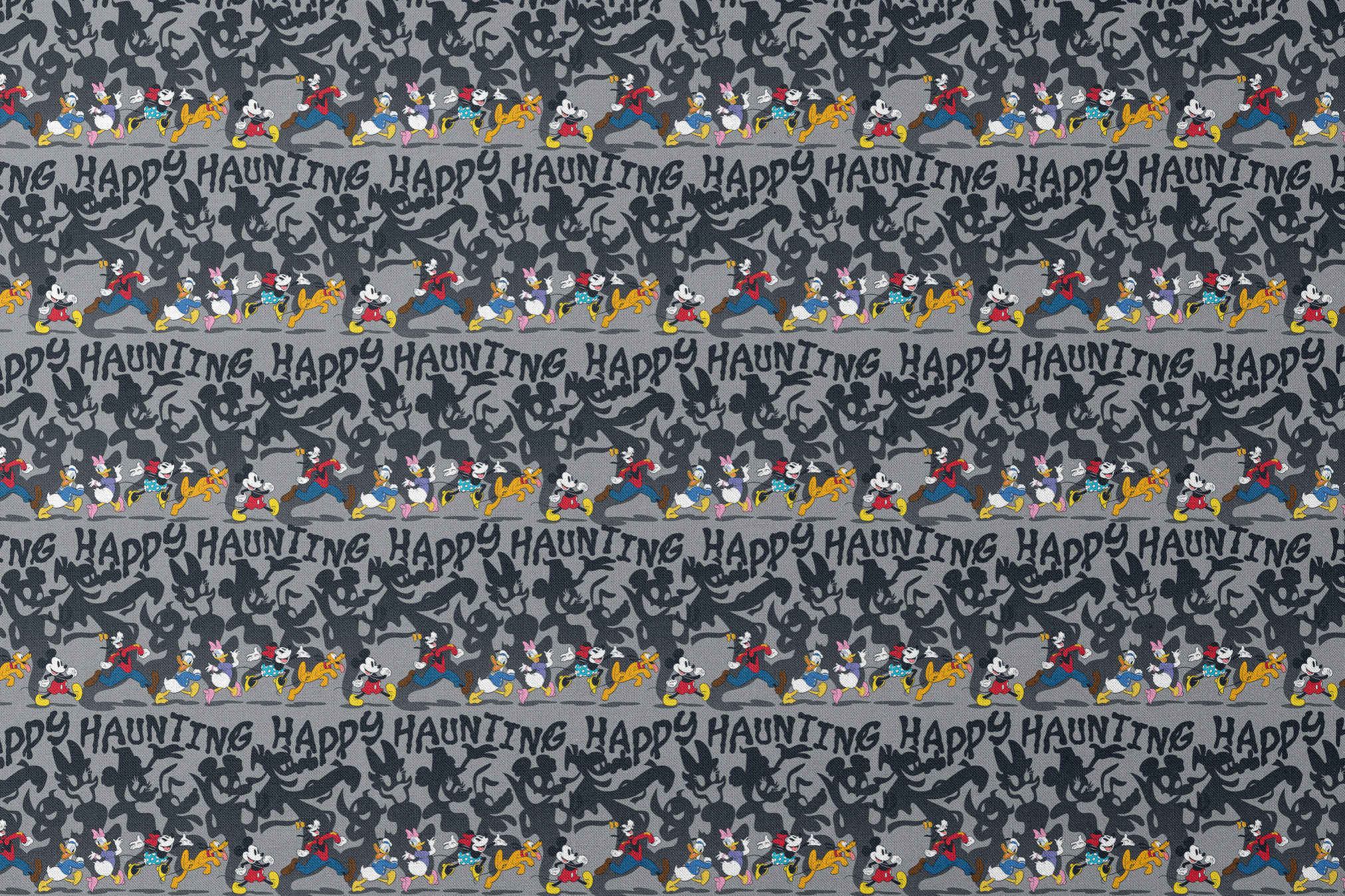 Classic Disney characters on dark gray background with "Happy Haunting" text, Mickey, Donald, and friends in Halloween-themed poses. designs flat mockup