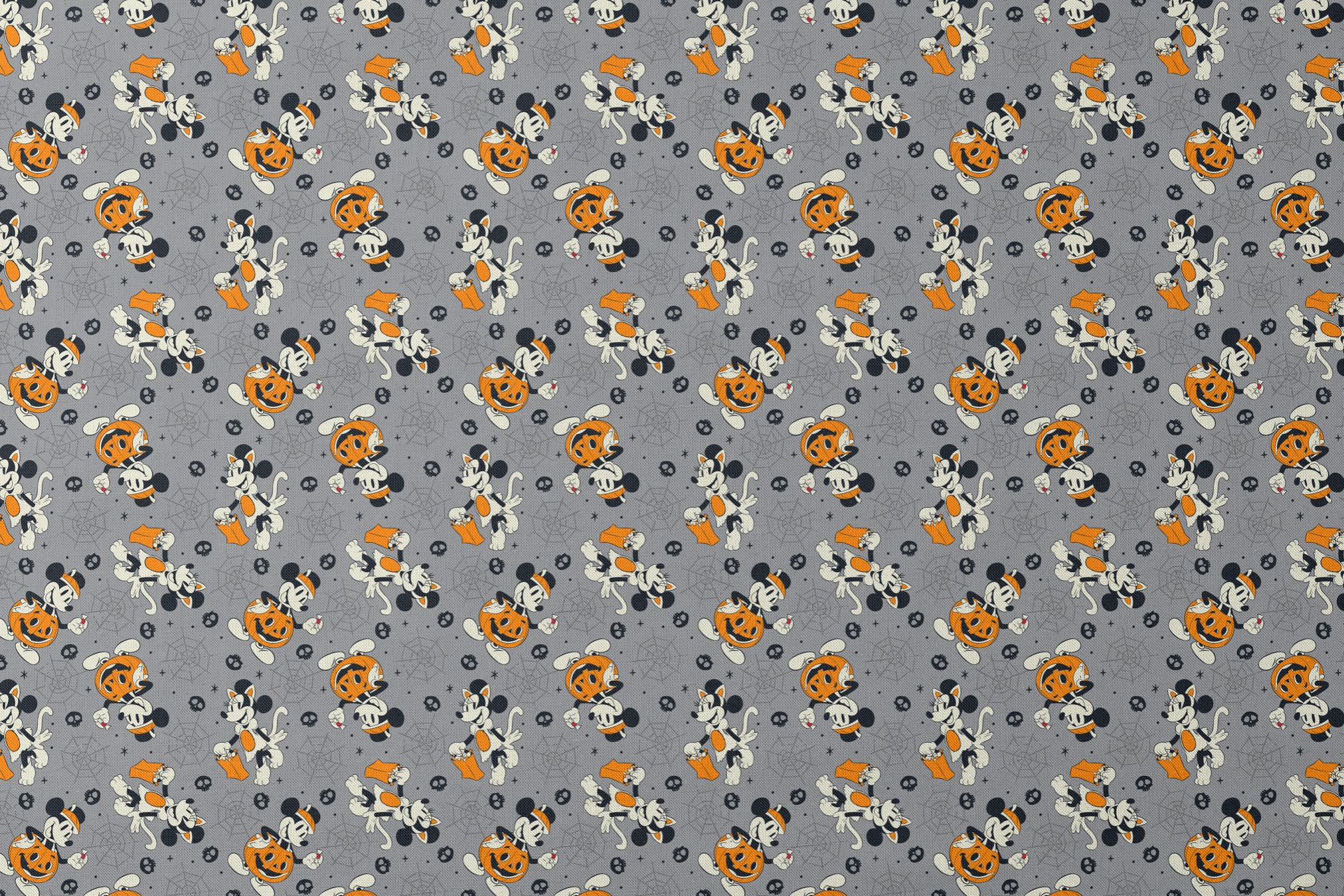 Cartoon dog characters in Halloween costumes with pumpkins on gray background with spider webs and skulls designs flat mockup