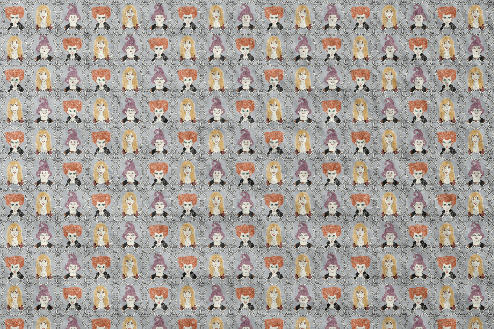 Illustrated portraits of fantasy characters with wild orange, blonde, and purple hair on gray patterned background designs flat mockup