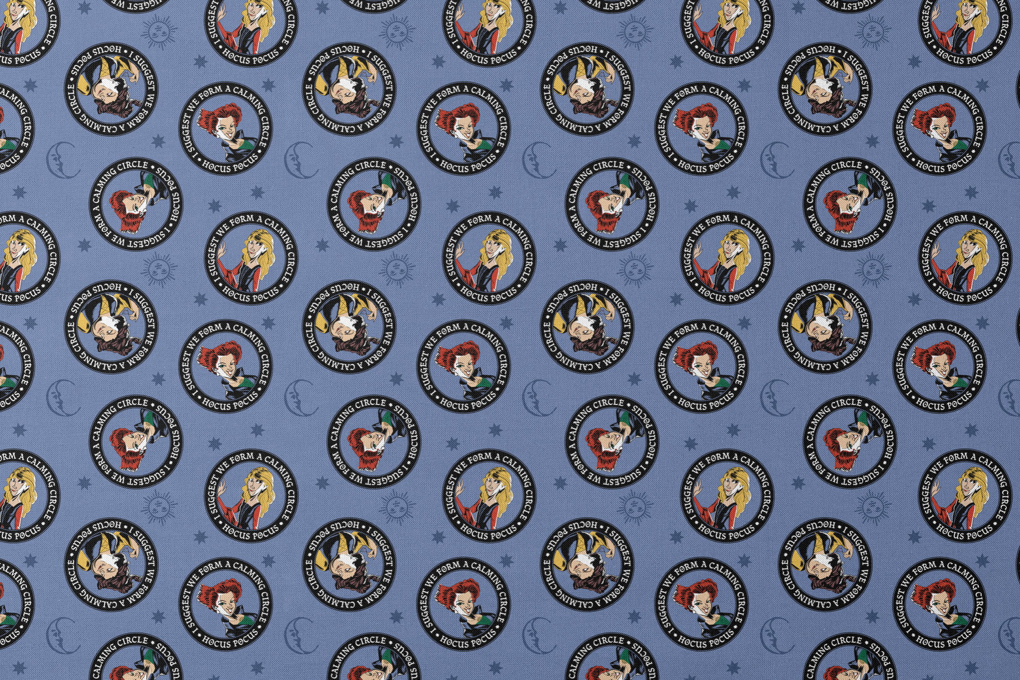 Cartoon witches in circular emblems with "Hocus Pocus" text on blue background with stars designs flat mockup