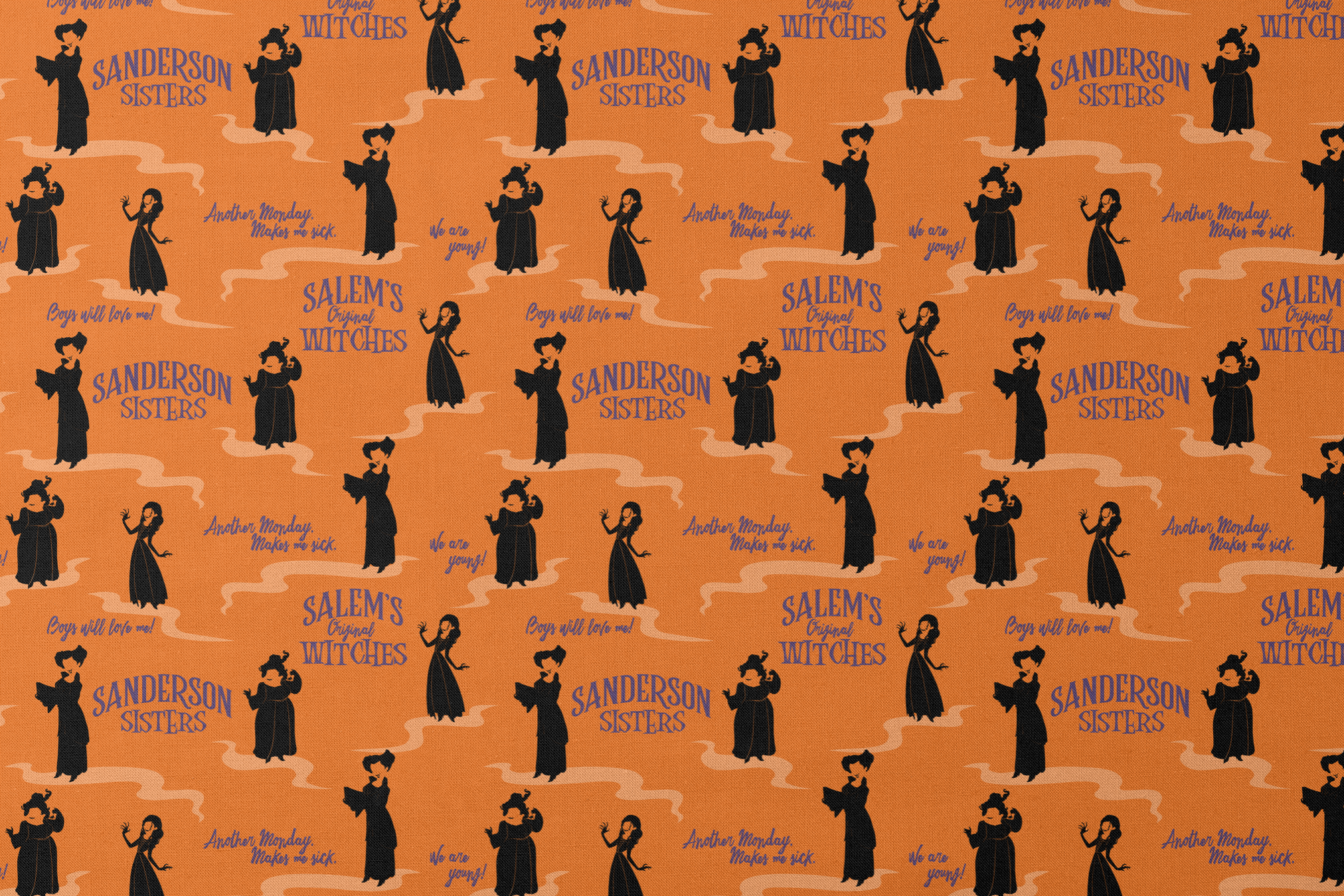 Orange background with silhouettes of witches in black robes and text "Sanderson Sisters" and "Salem's" in blue lettering designs flat mockup