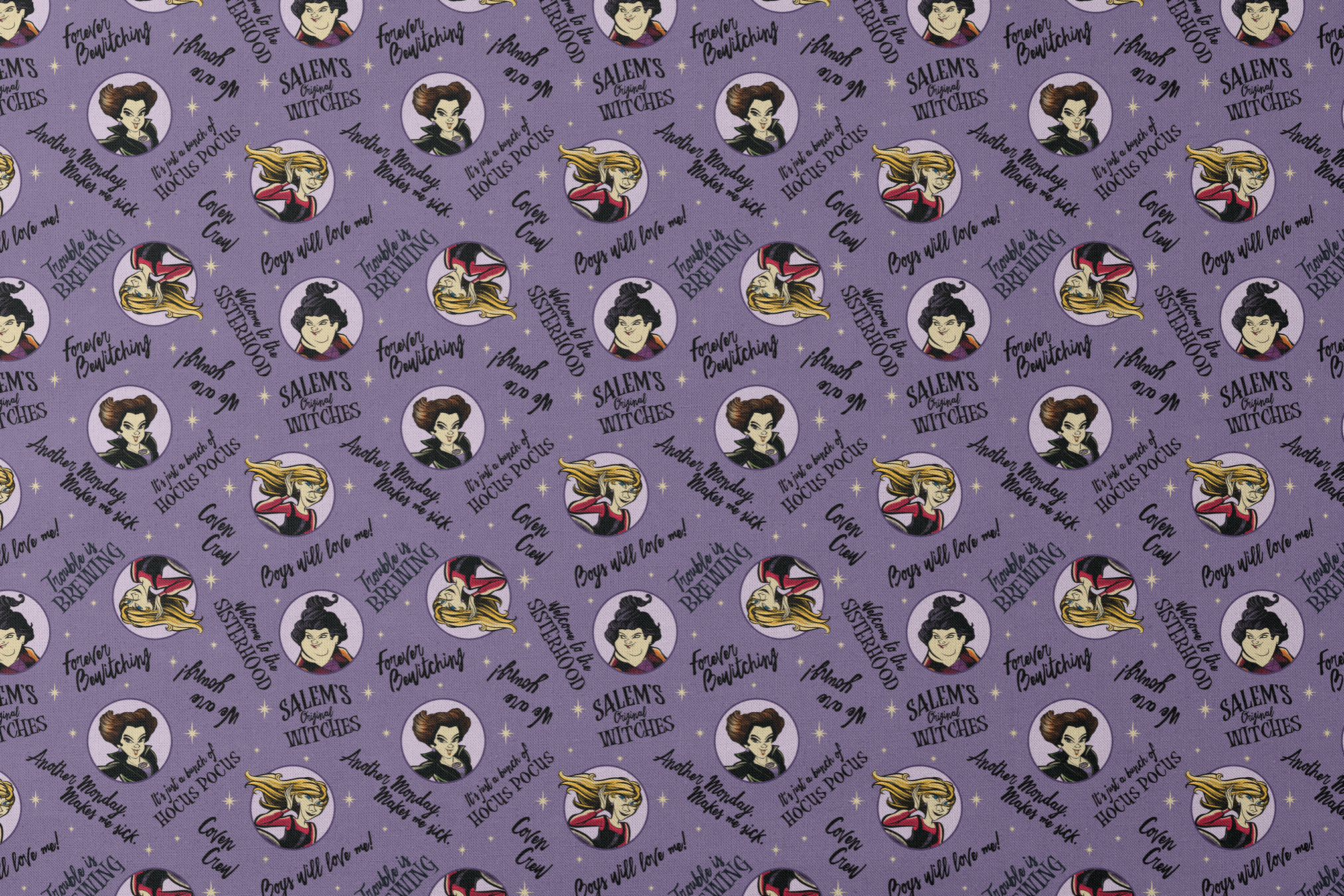 Purple background pattern with cartoon witches in circles, magical phrases and stars scattered throughout in black text designs flat mockup