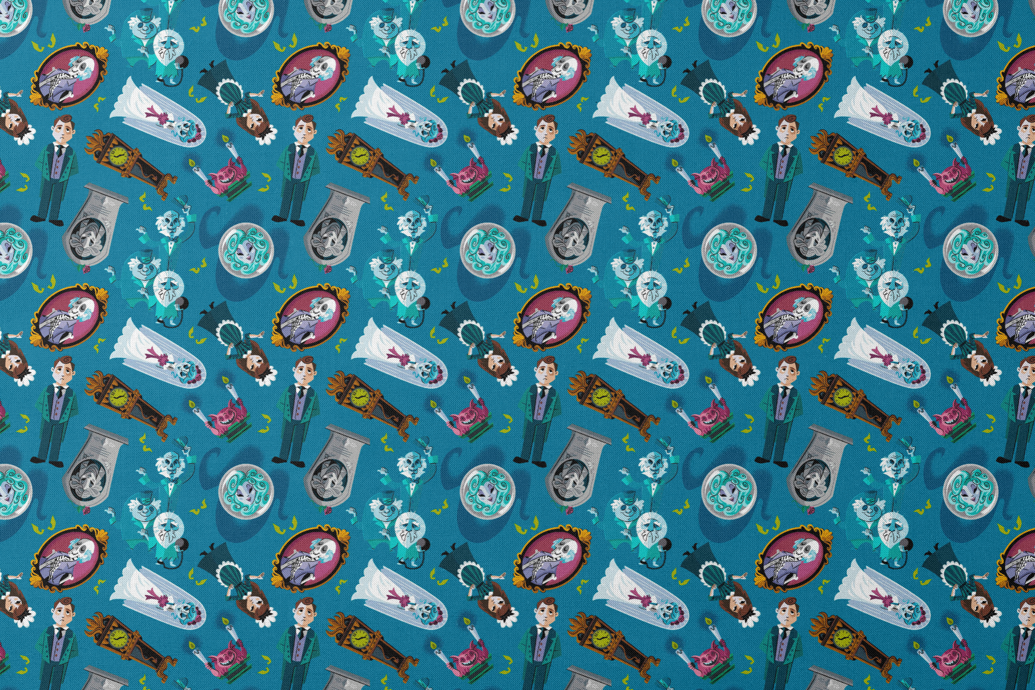 Haunted Mansion themed pattern with cartoon ghosts, portraits, coffins, and spooky elements on teal background designs flat mockup