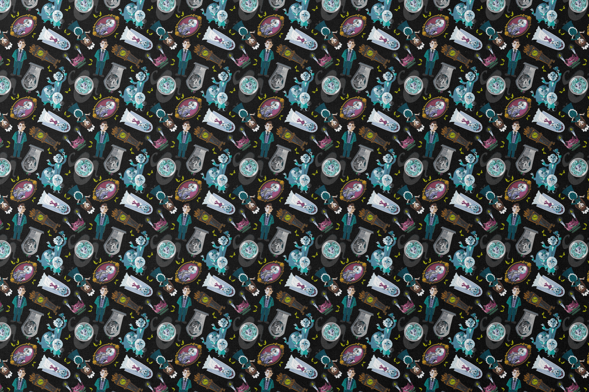 Haunted Mansion themed pattern with cartoon ghosts, characters, coffins, and spooky elements on black background designs flat mockup