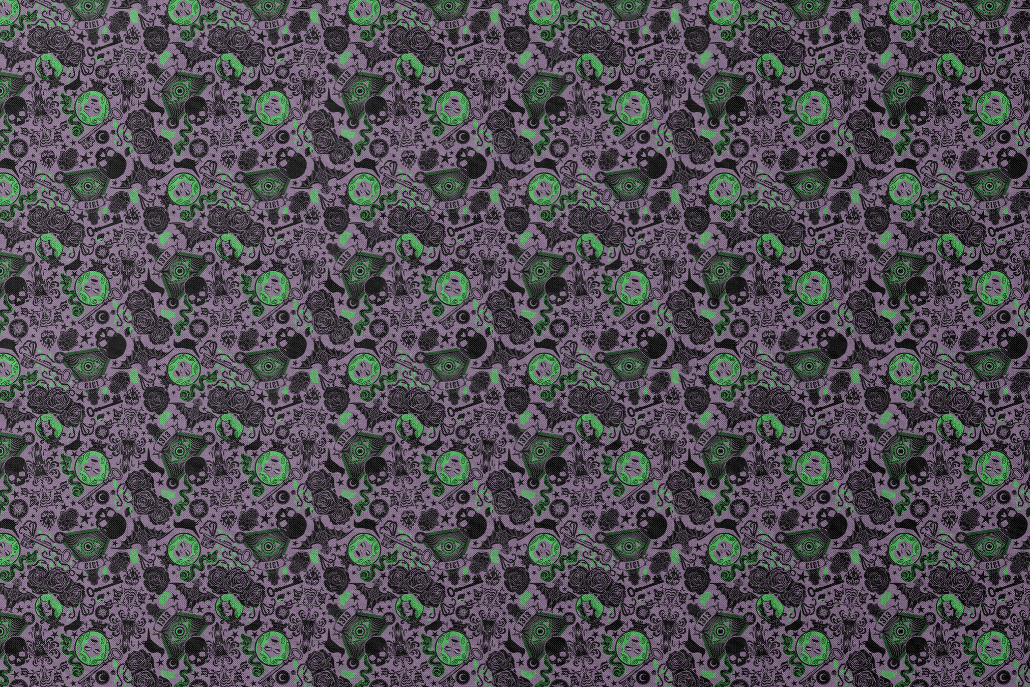 A dark purple background with gothic imagery in black and neon green featuring mystical elements including roses, celestial symbols, eyes, hands, and ornate decorative patterns. designs flat mockup