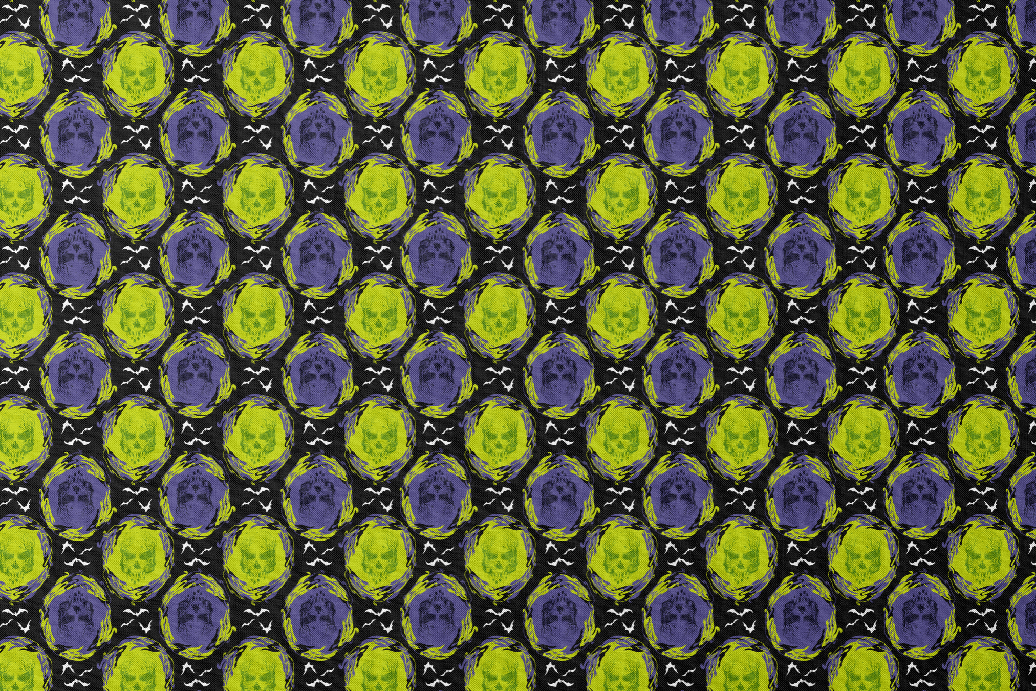 Repeating pattern of neon green and purple skulls with swirling effects on black background with white bats designs flat mockup