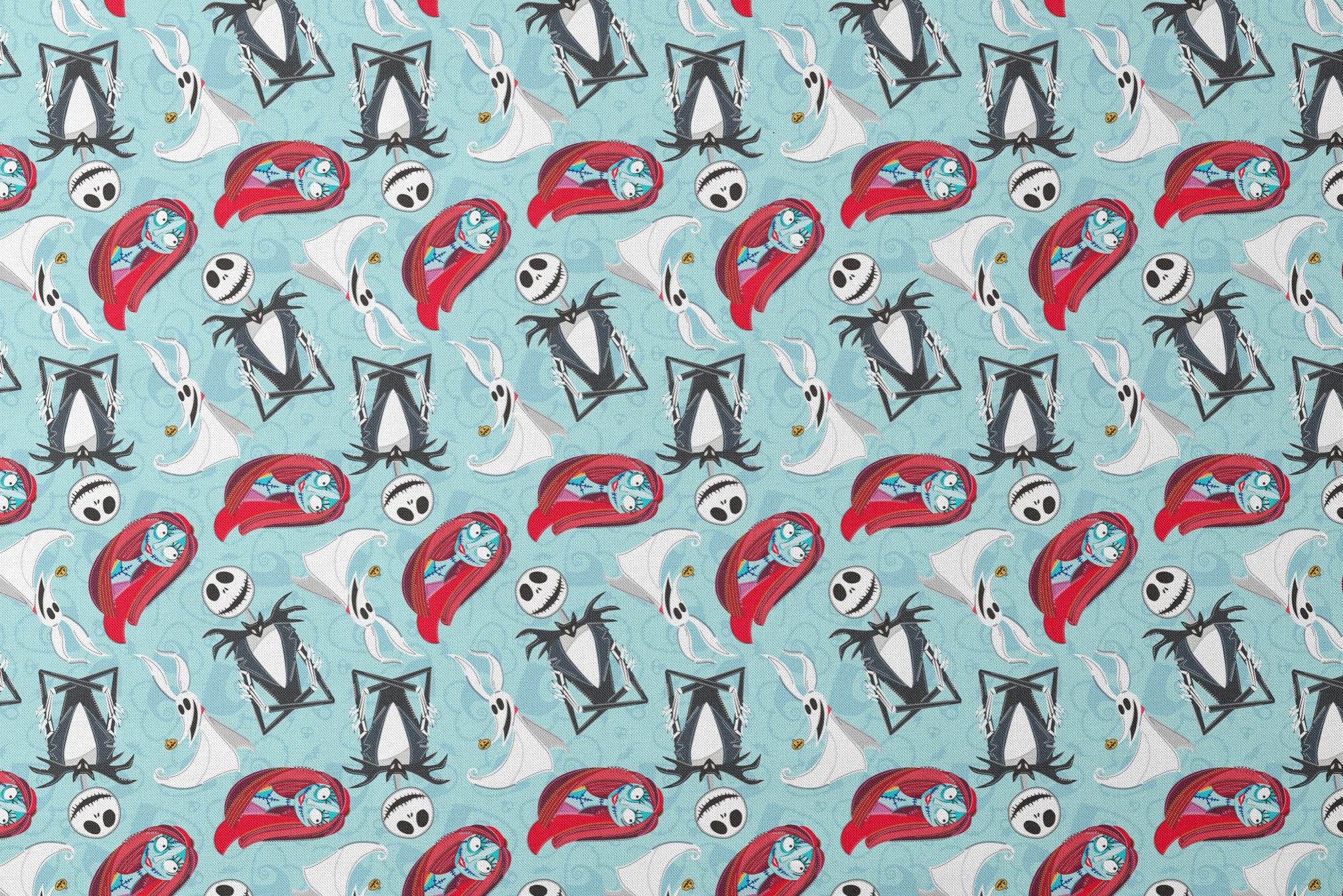 Nightmare Before Christmas pattern with Jack Skellington, Zero ghost dog, and coffin shapes on light blue background designs flat mockup